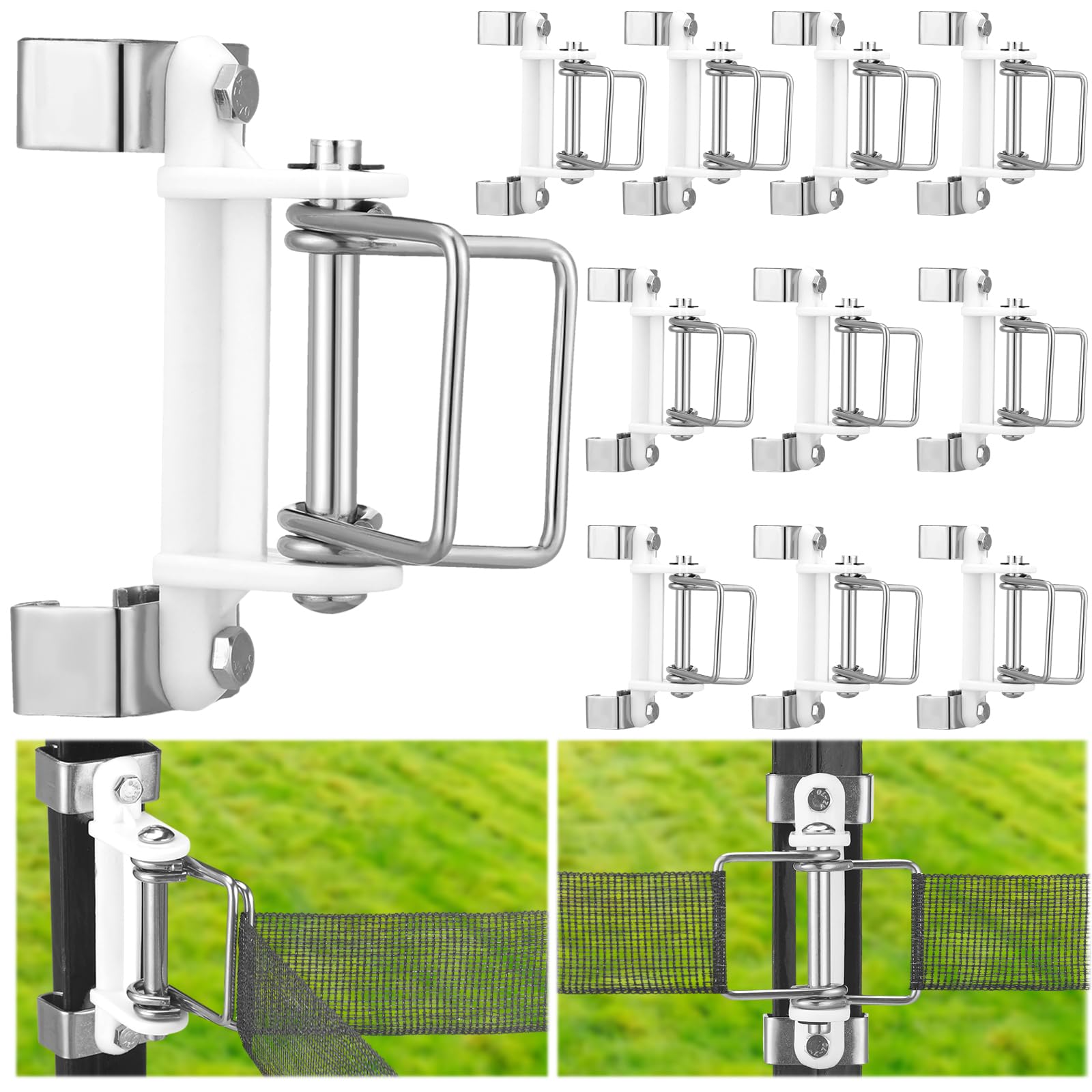 Blulu front view of ten t-post insulators showing pack and fittings durable