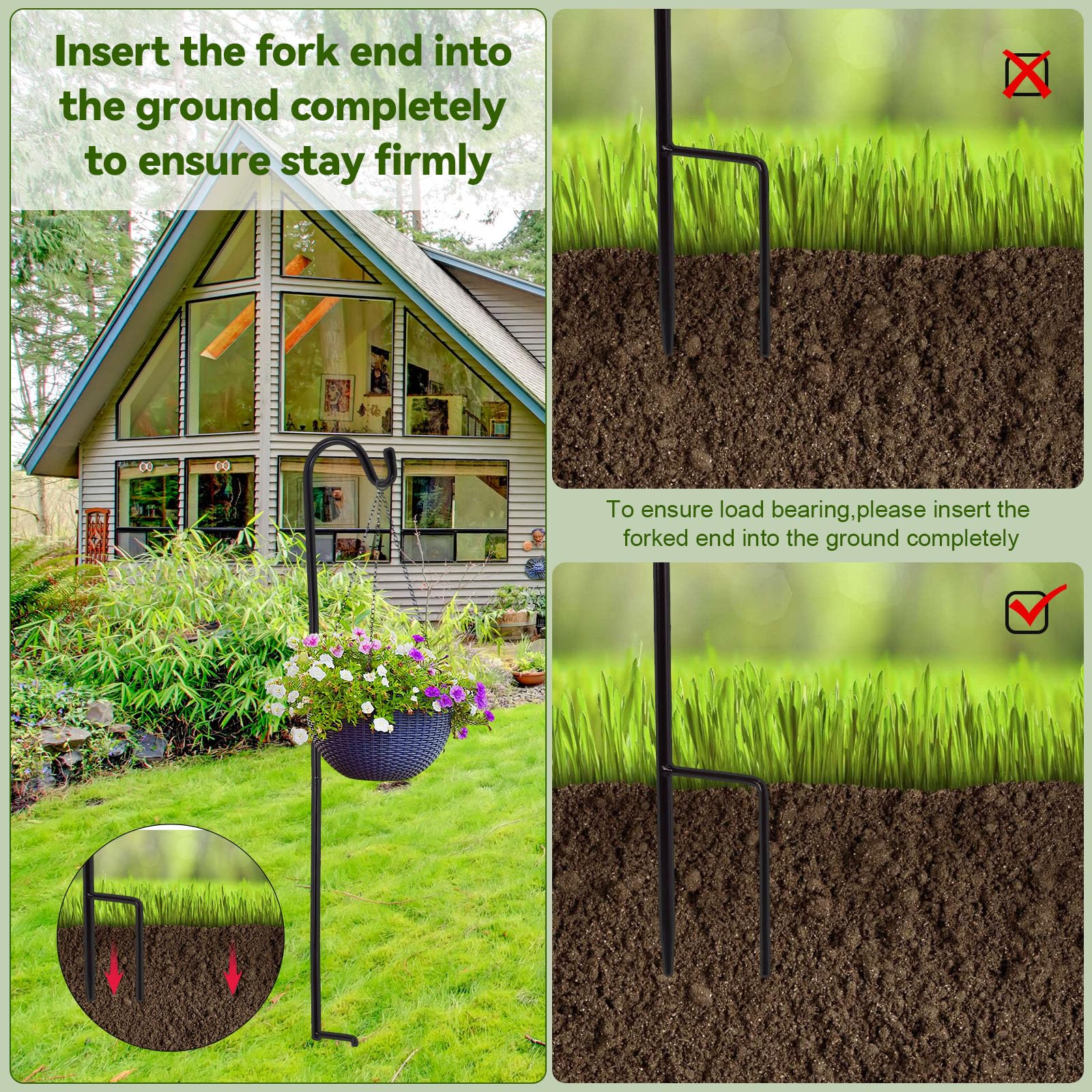 Blulu hook holding a flowering basket, adds vertical garden space