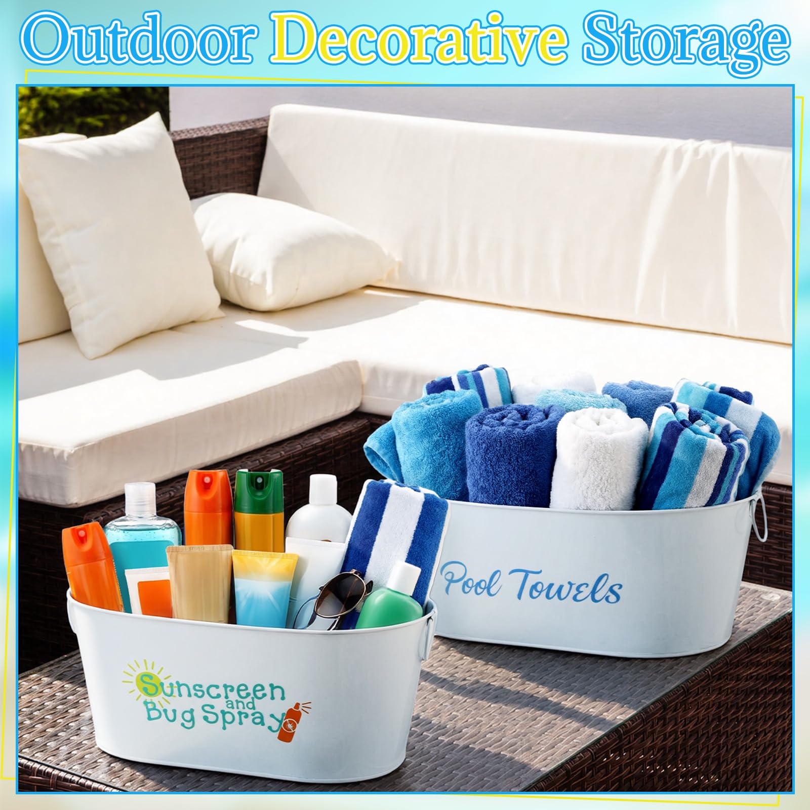 Blulu buckets staged on patio enhancing decor while keeping pool essentials neat