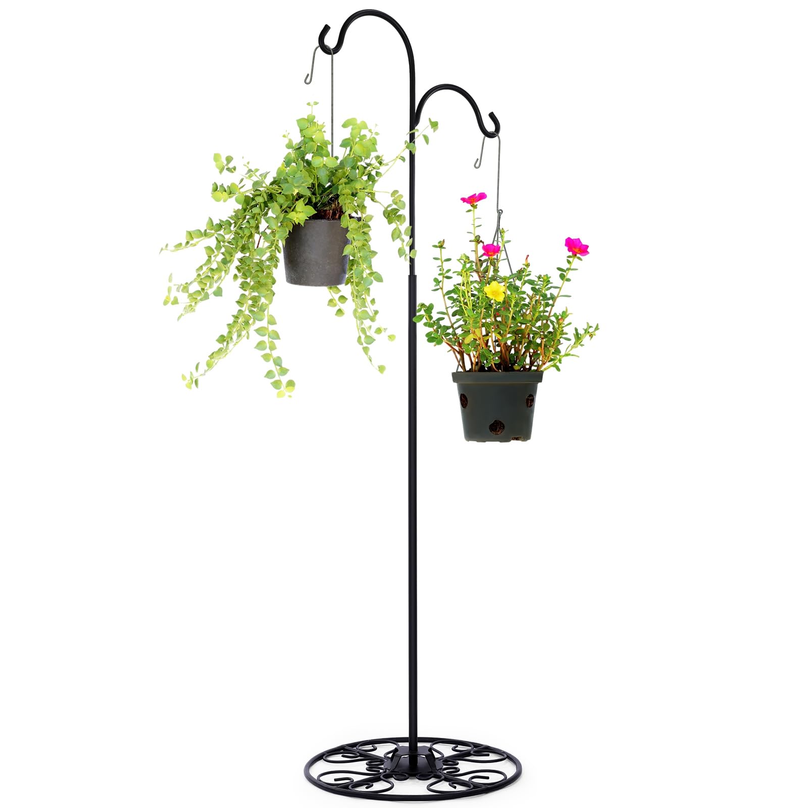 Blulu shepherd hook front view showing sleek black stand and hanging capability