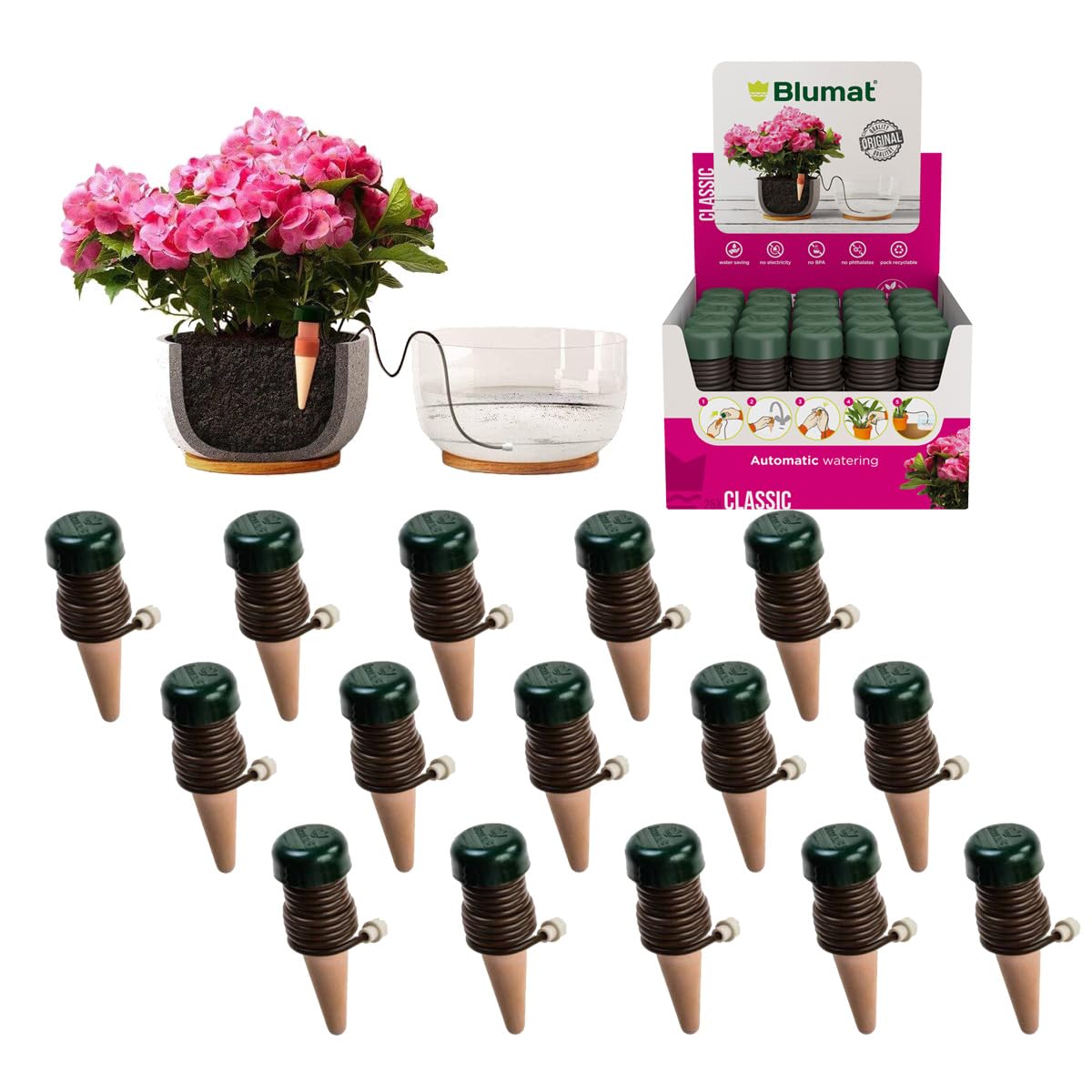 Blumat front packaging showing 15 stakes and clear product benefit