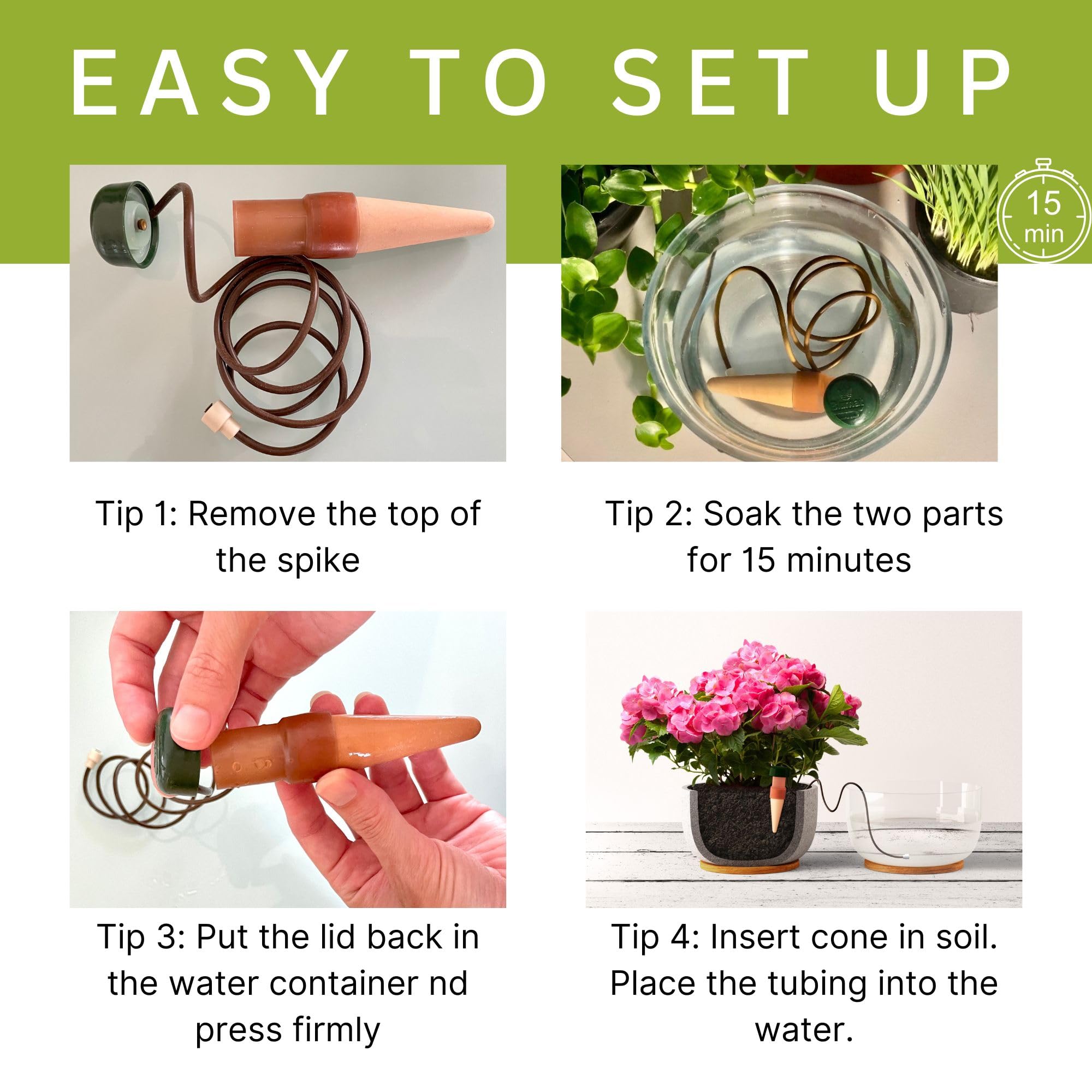 Blumat stake inserted in pot demonstrating automatic moisture control