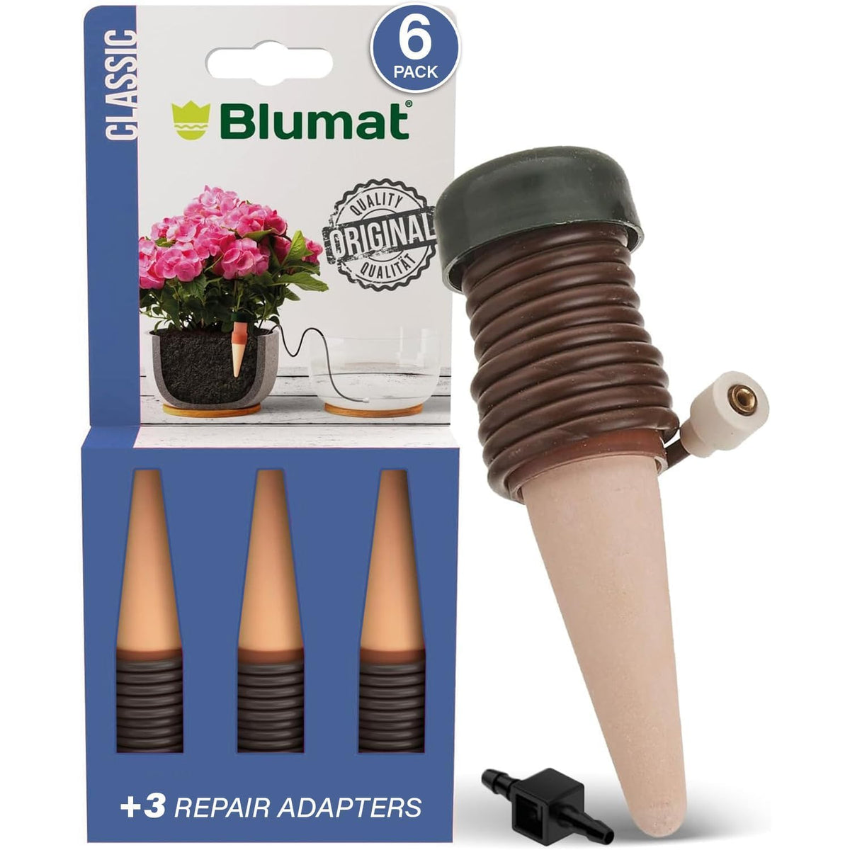 Blumat front packaging showing 6 stakes and adapter for easy plant care