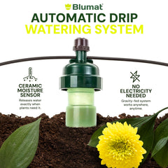 Blumat installed in hanging basket providing consistent hydration to root zone