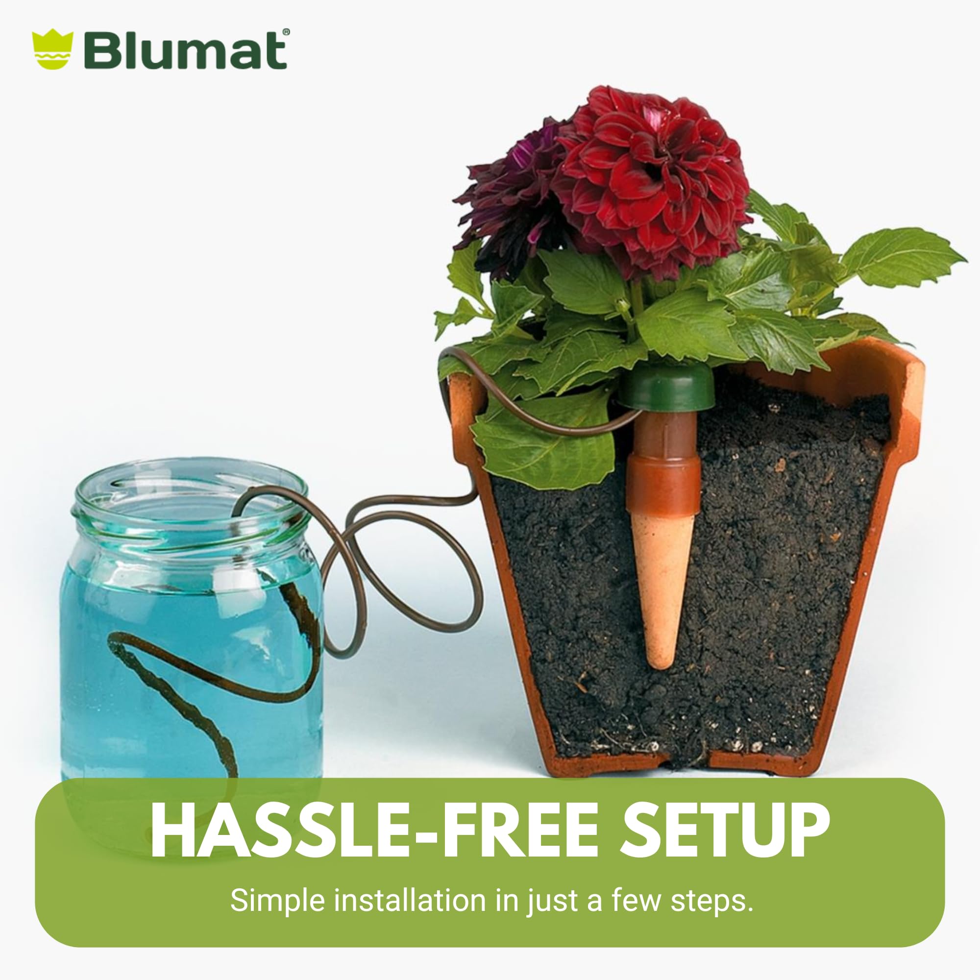 Blumat system set up with glass reservoir in home setting showing hands-free watering benefit