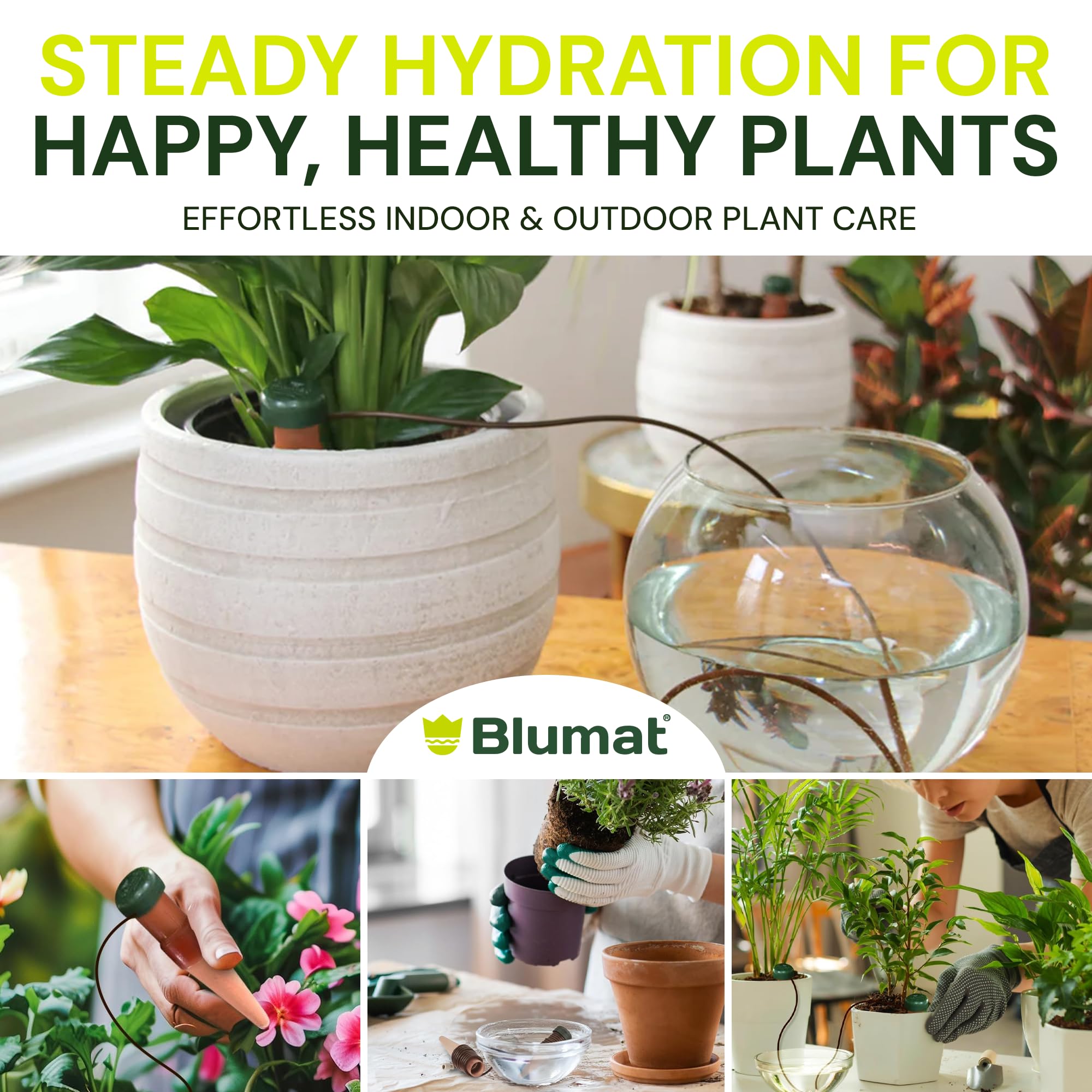 Blumat stakes installed on balcony demonstrating hands-off plant care