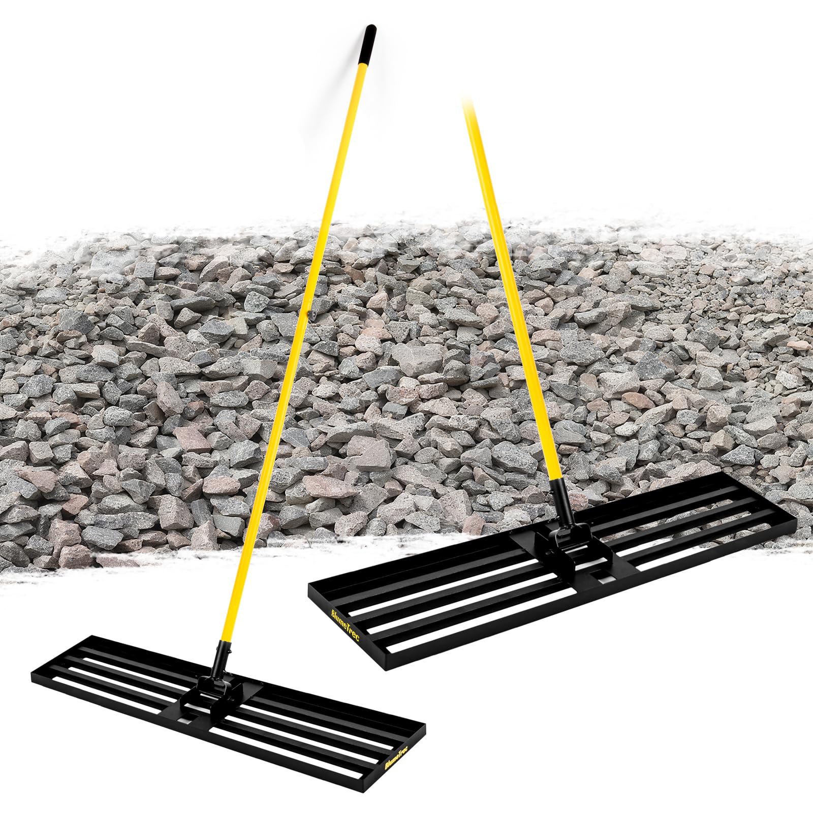 BlumeTrec front view of 45-inch leveling rake showing wide coverage and efficiency