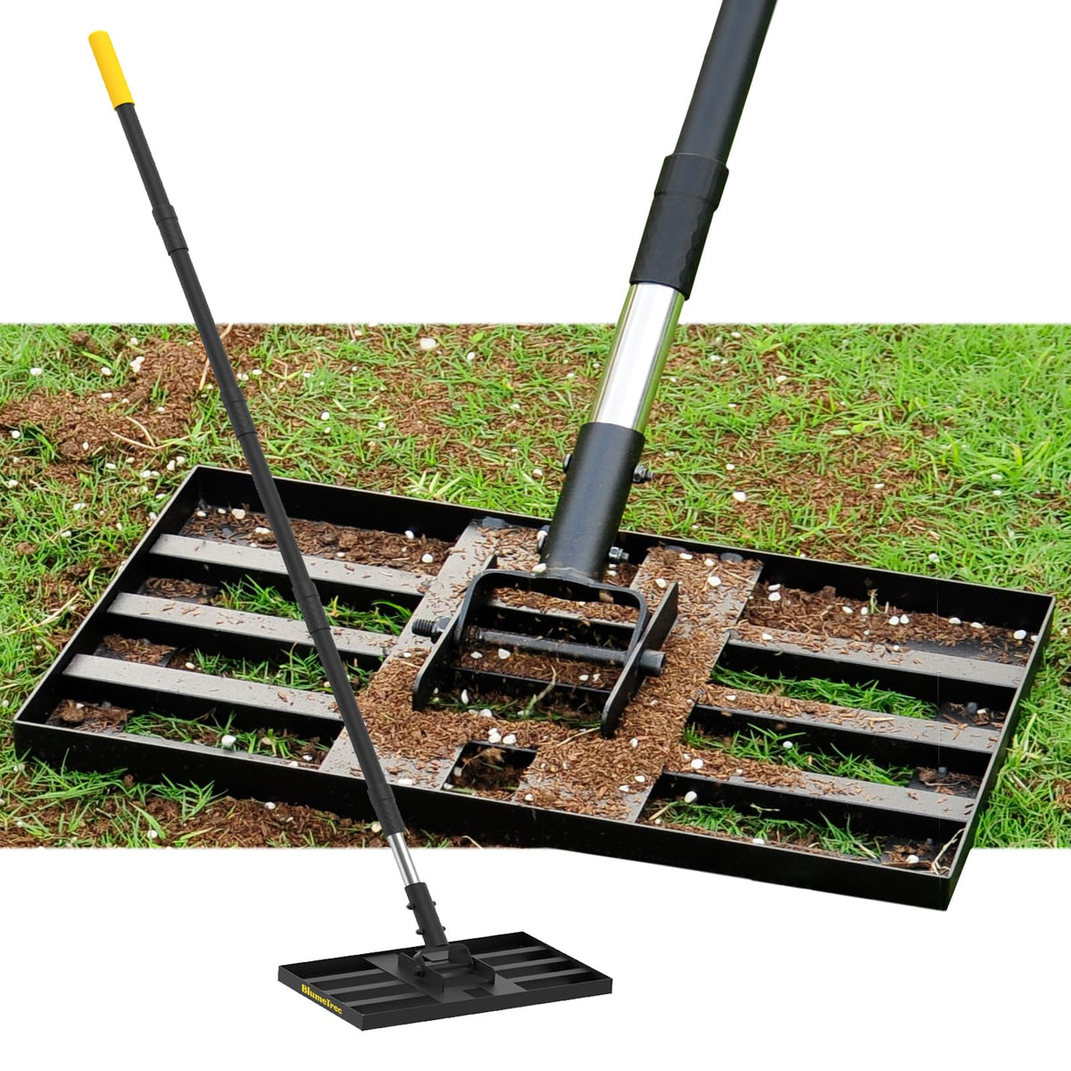 BlumeTrec front view of leveling rake showing head for even spreading