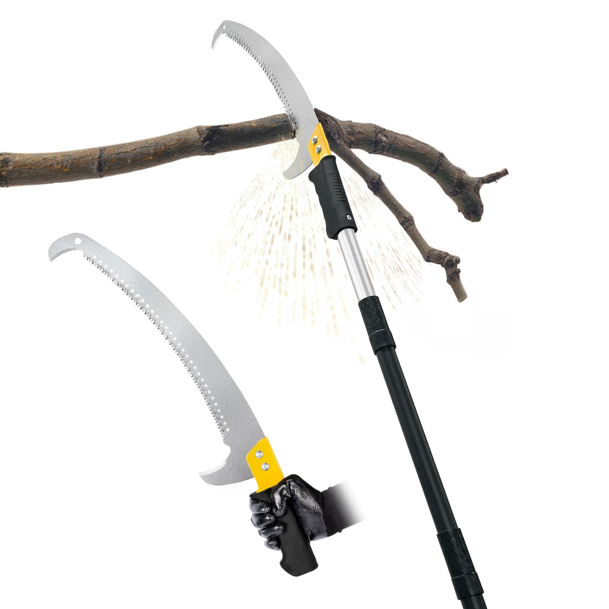 BlumeTrec front view of pole saw showing compact folded storage benefit