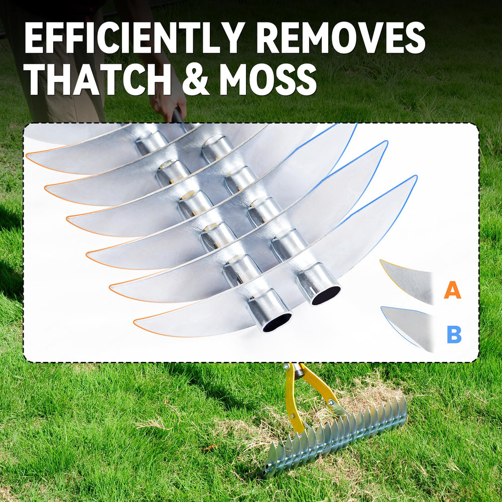 BlumeTrec rake removing dead grass in lawn for improved airflow and health