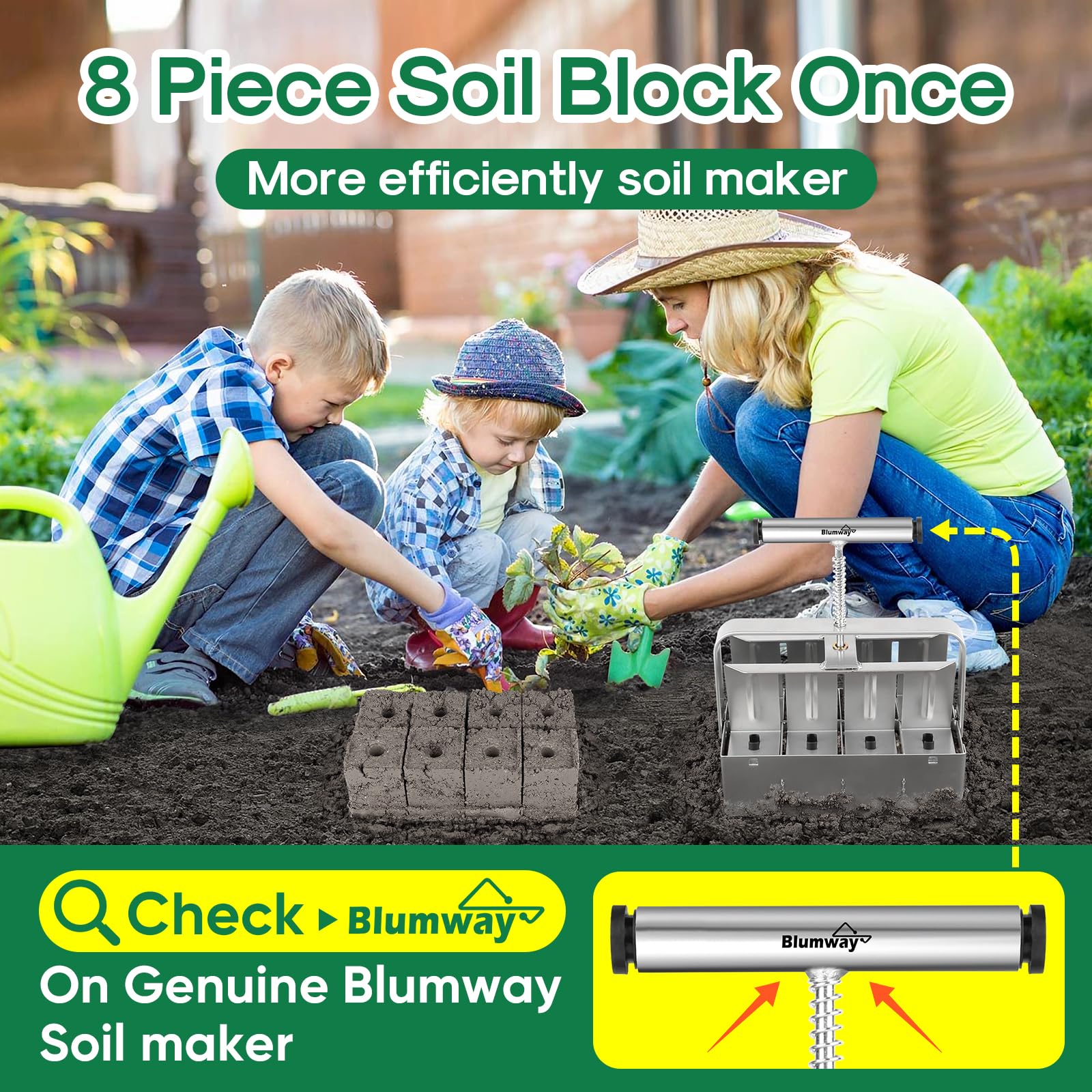 BlumWay eight soil blocks on tray showing compact spacing and easy transplant handling