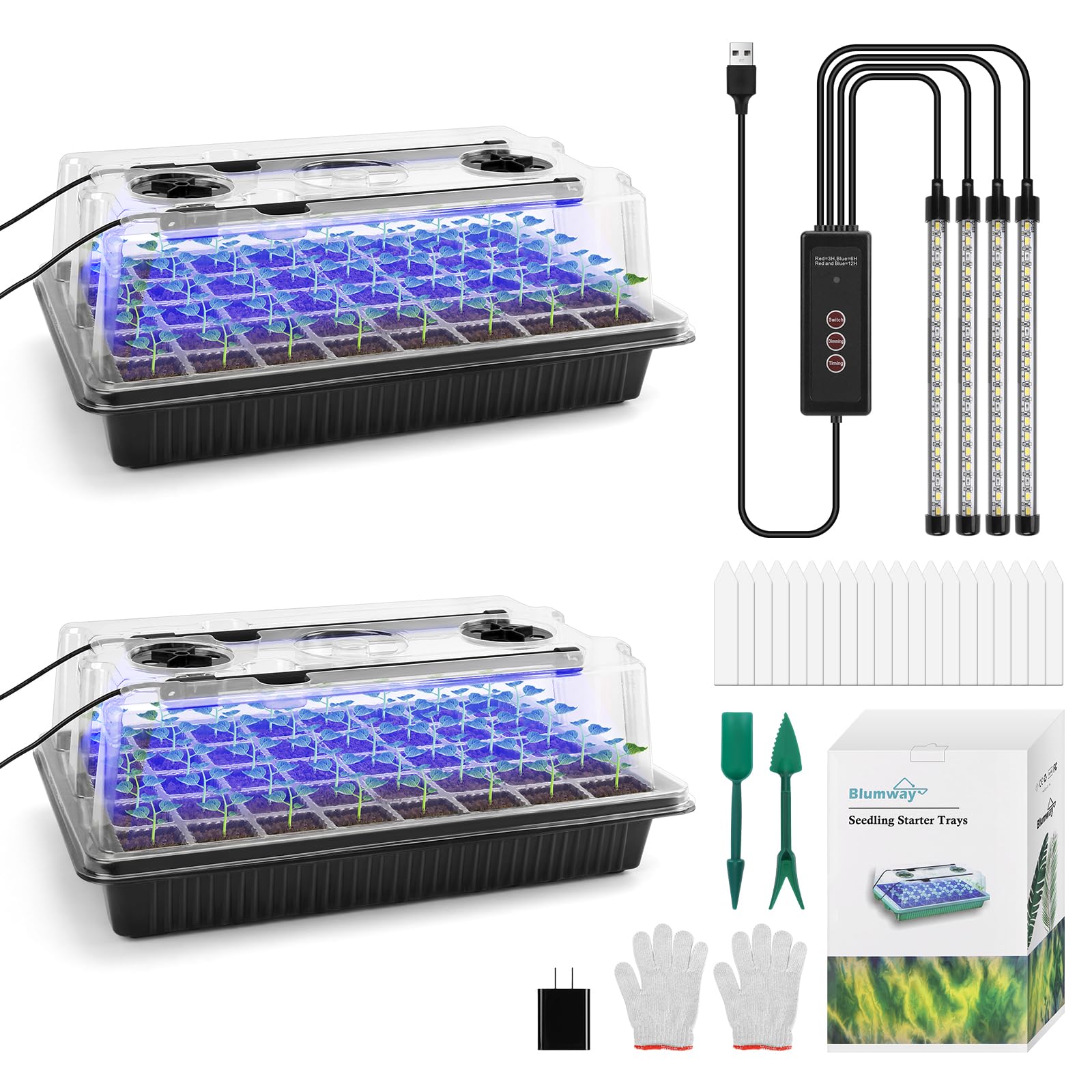 BlumWay front packaging and assembled trays showing kit contents and benefits