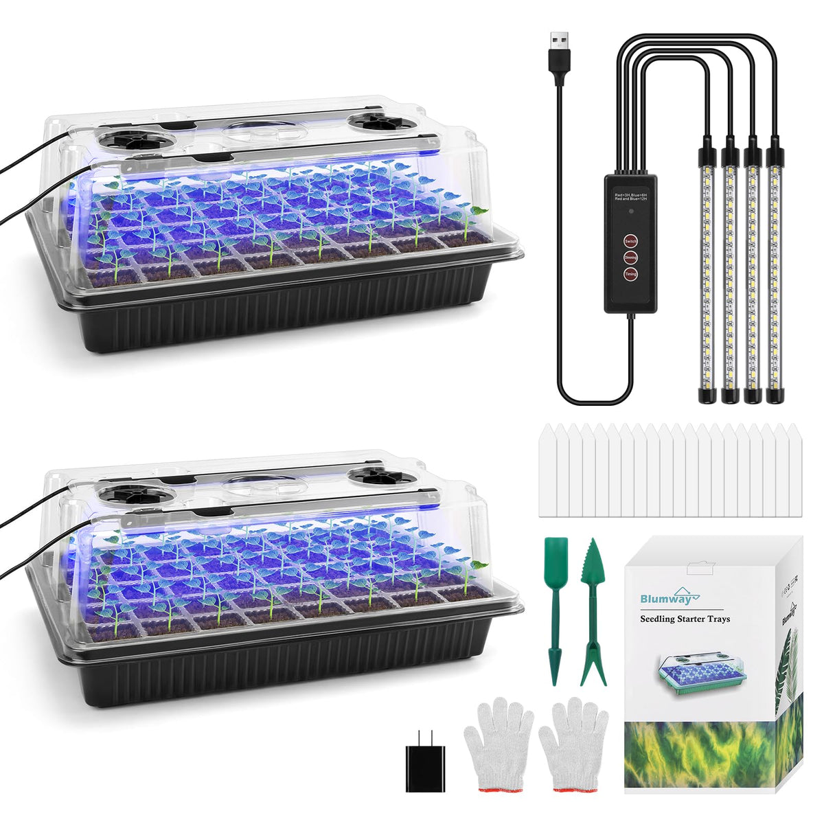 BlumWay front packaging and assembled trays showing kit contents and benefits