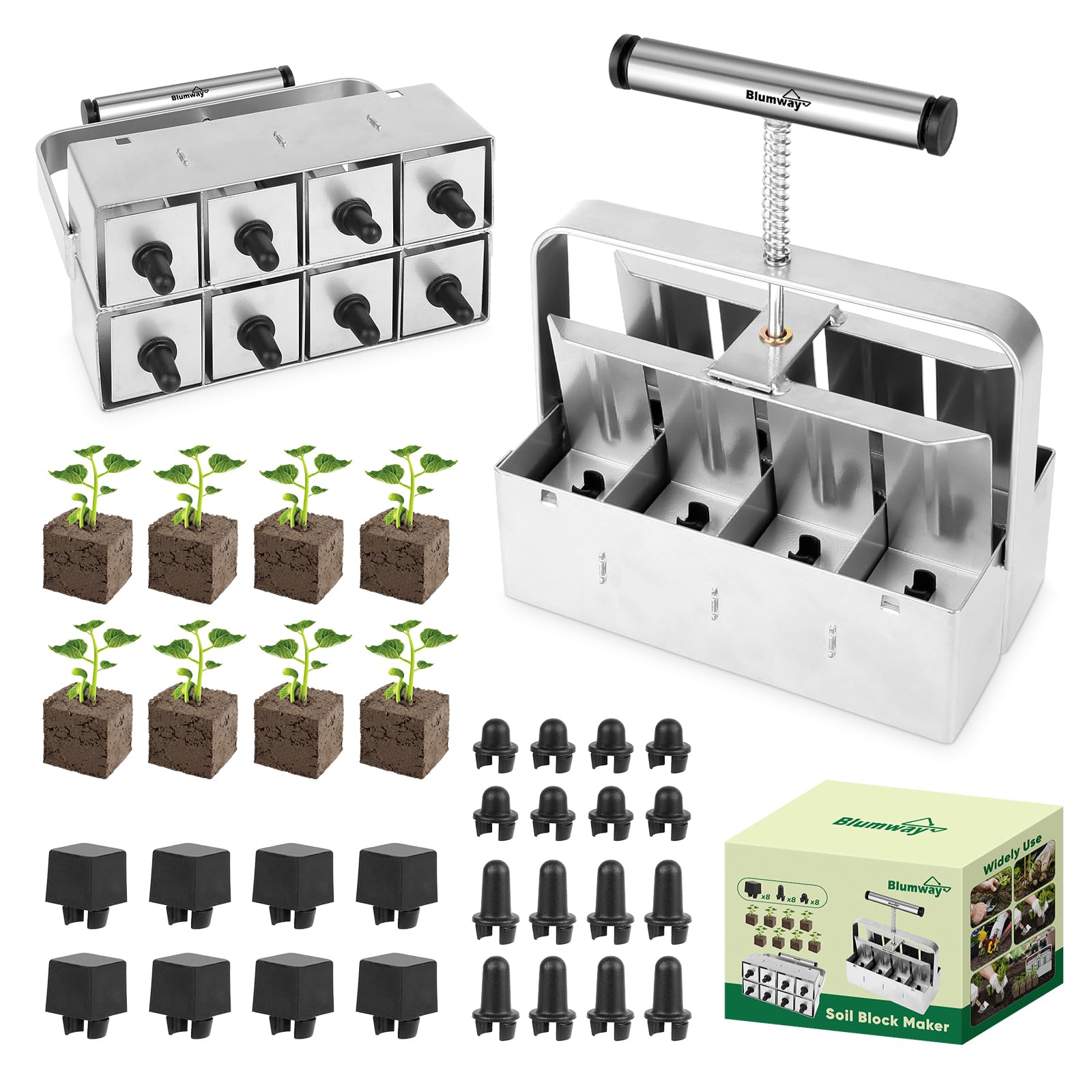 BlumWay front view of 8-cell soil blocker showing sturdy frame and handle for efficient blocking