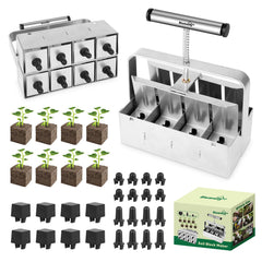 BlumWay front view of 8-cell soil blocker showing sturdy frame and handle for efficient blocking