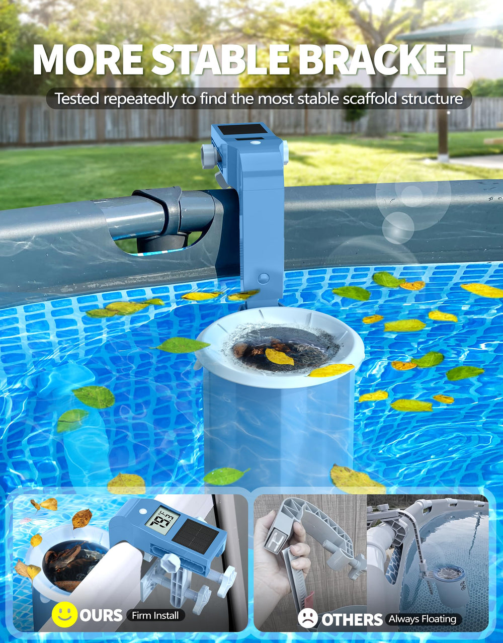 BluSwim skimmer connected to pump demonstrating automatic surface skimming