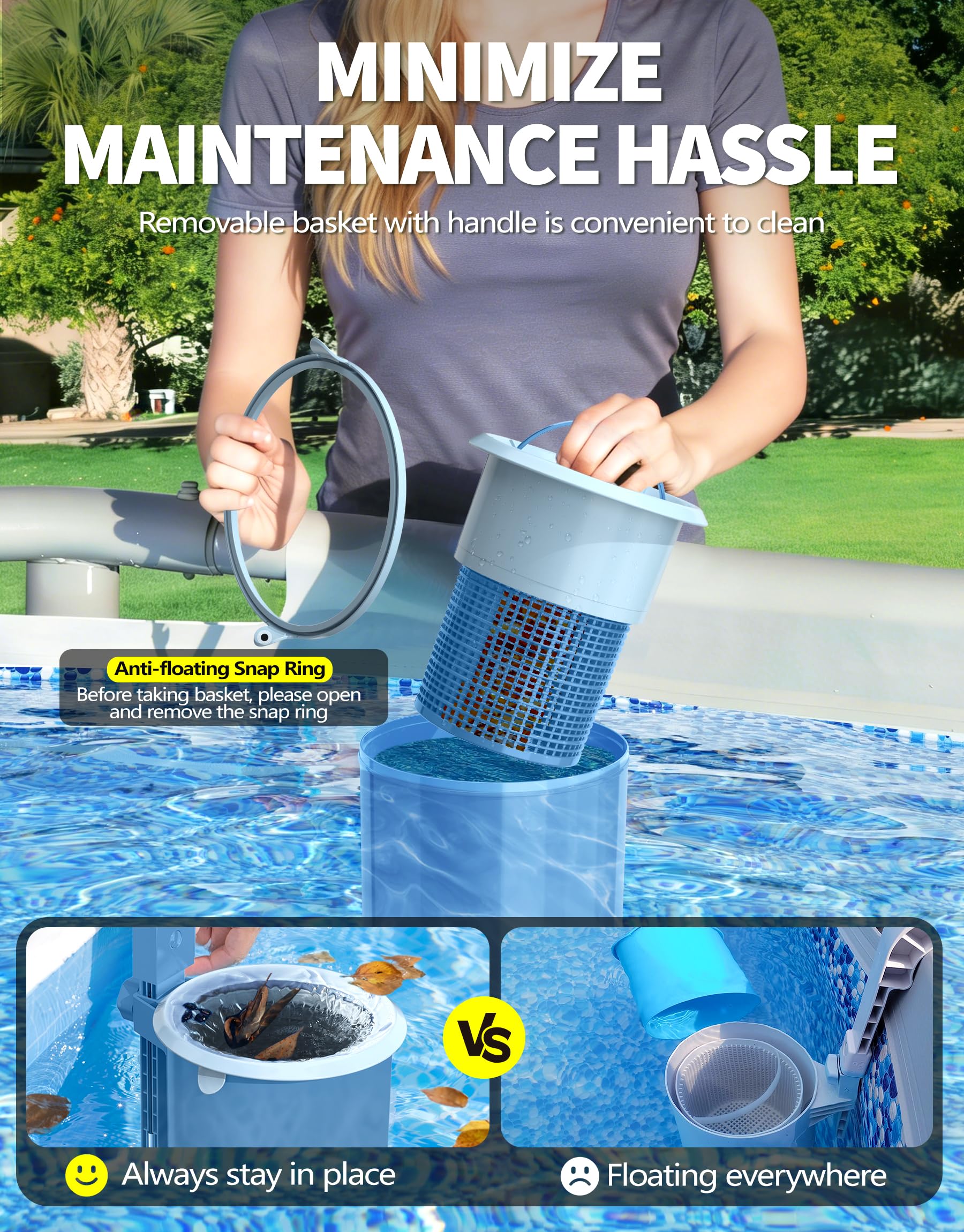 BluSwim installed on an above-ground pool in a backyard lifestyle scene