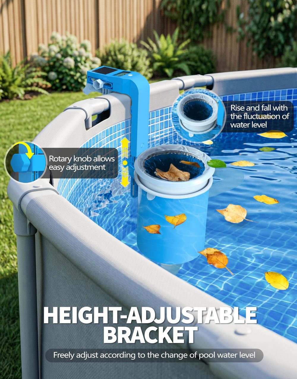 BluSwim skimmer in a poolside scene improving water clarity and user convenience