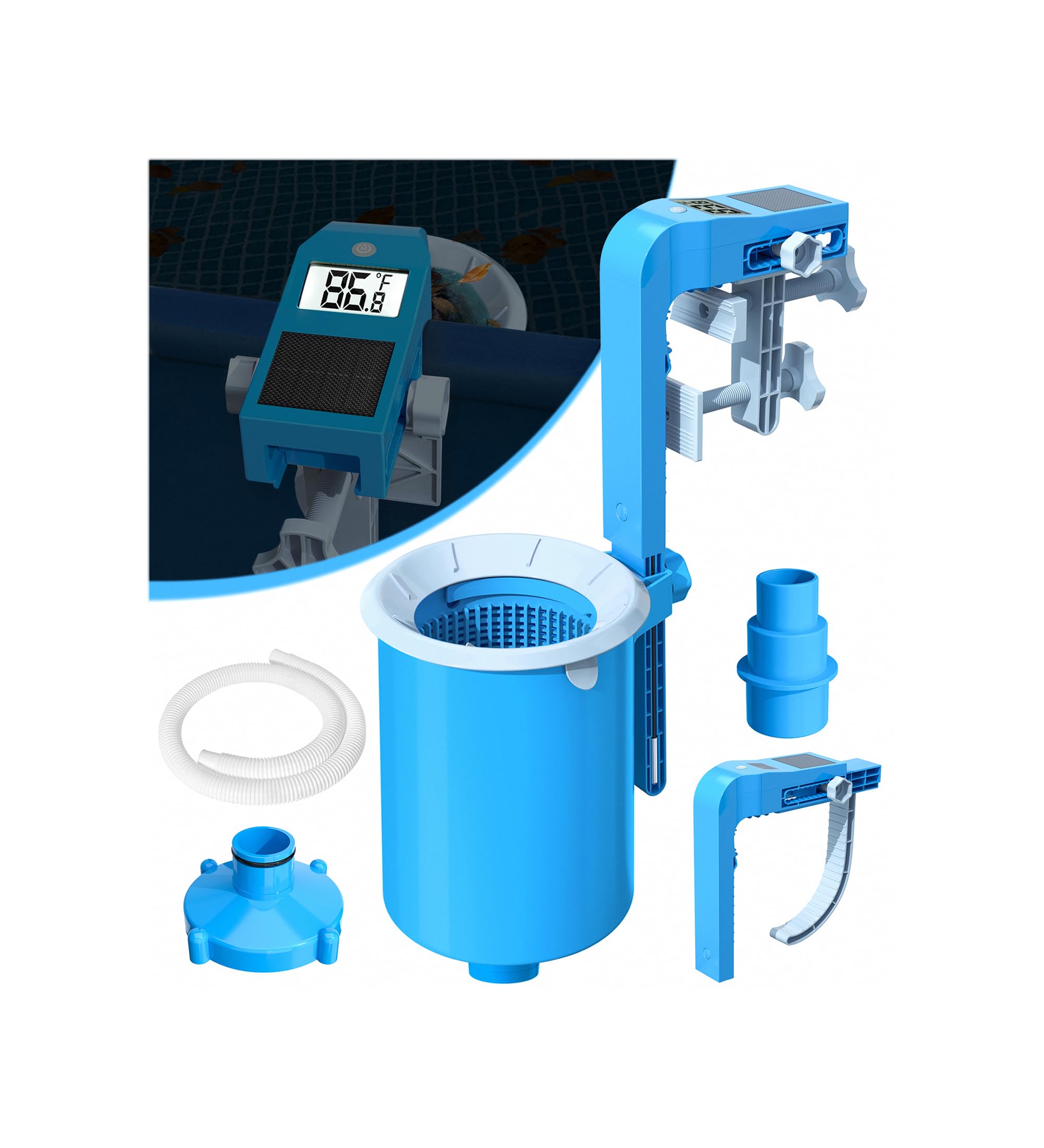 BluSwim skimmer front view showing stable capture and easy access benefit