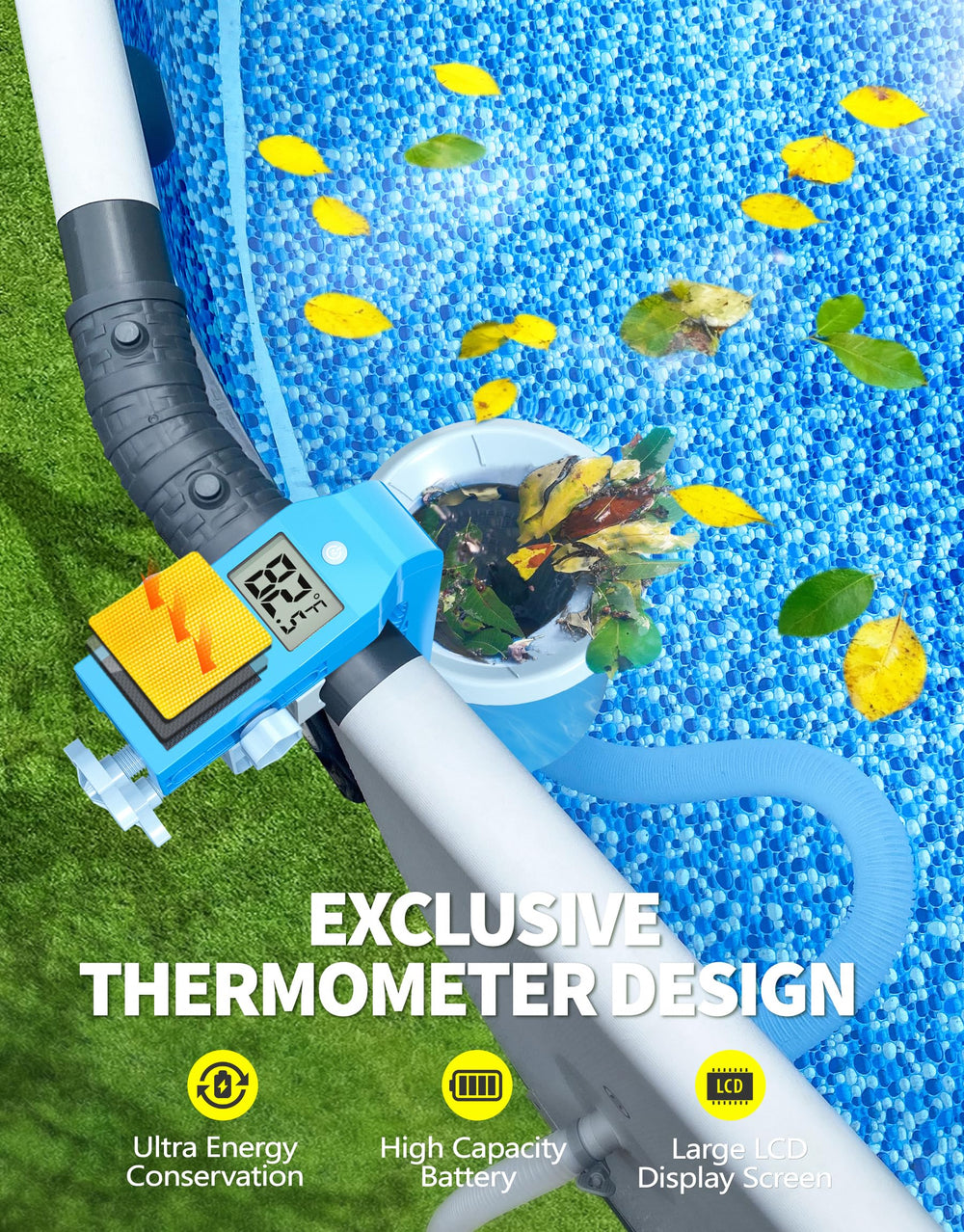 BluSwim solar thermometer display on skimmer offering battery-free temperature readings
