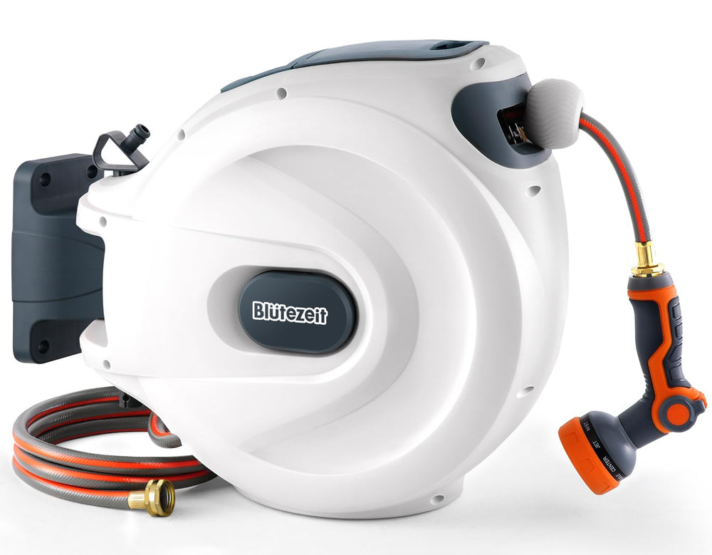 Blütezeit front view of wall-mounted hose reel showing tidy storage and quick access