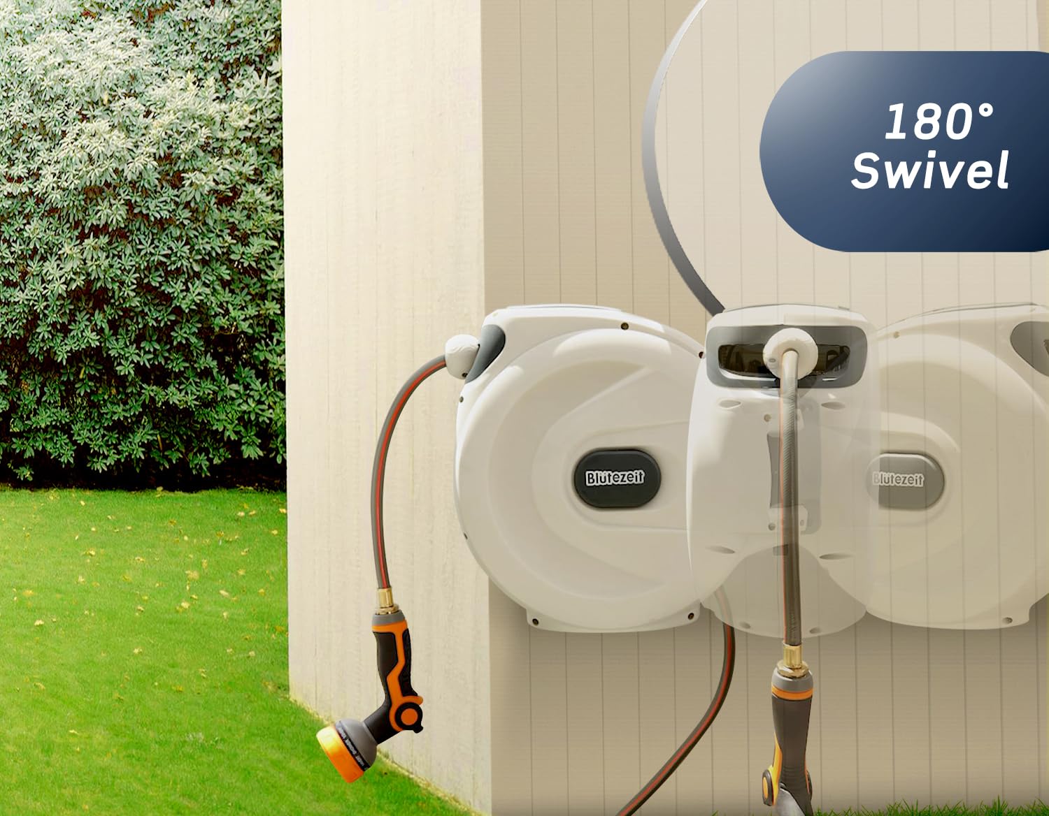 Blütezeit reel mounted and swiveled 180 degrees for wide garden reach