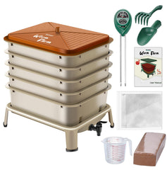 Blütezeit worm bin front view showing compact gold housing and easy-access trays for fast composting