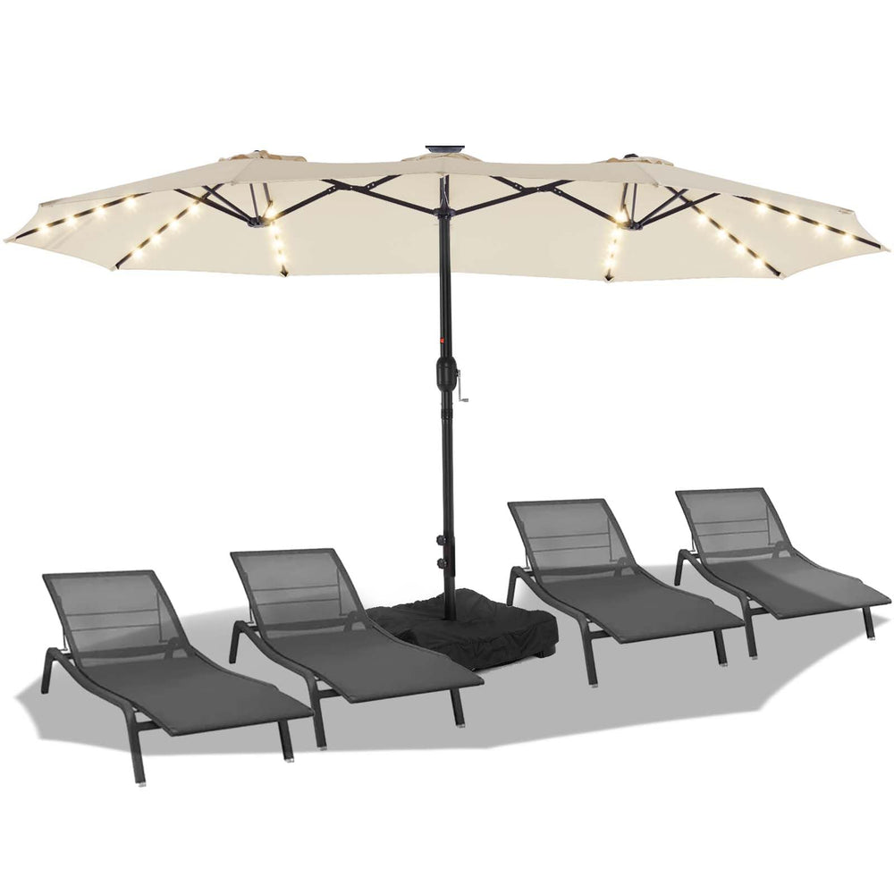 BLUU front view of 15ft umbrella showing full canopy and shade benefits