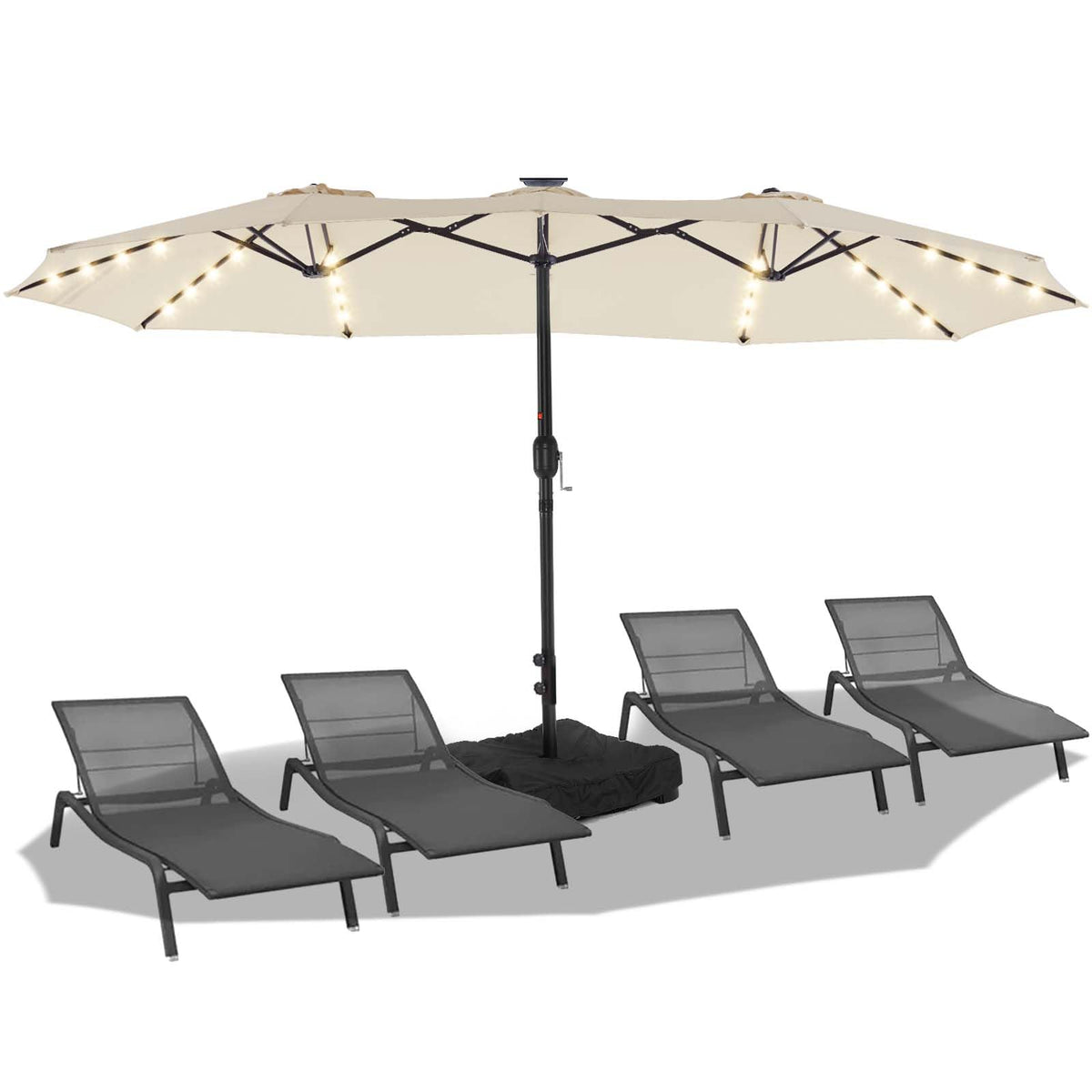 BLUU front view of 15ft umbrella showing full canopy and shade benefits