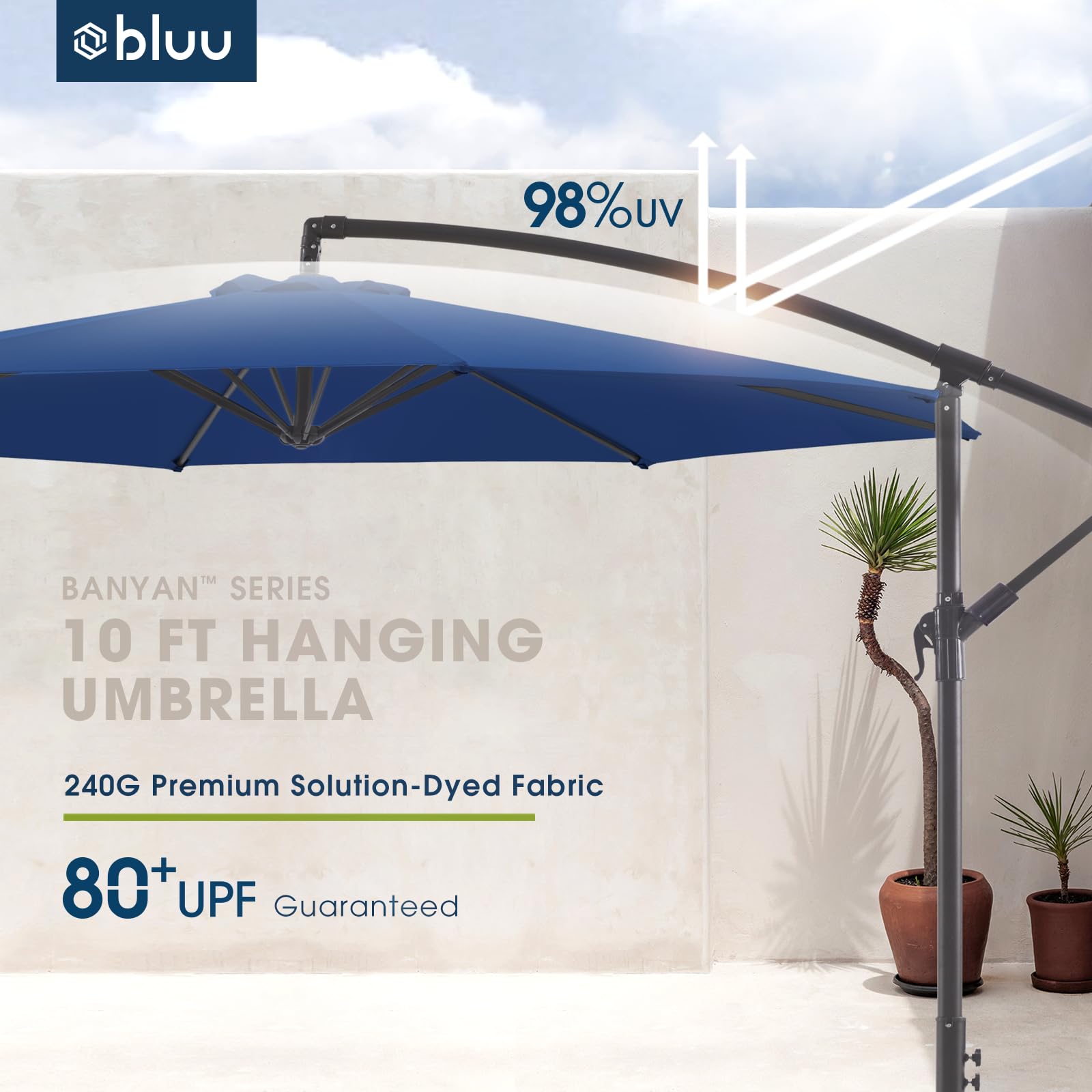 BLUU BANYAN next to patio furniture showing true 10-foot coverage benefit