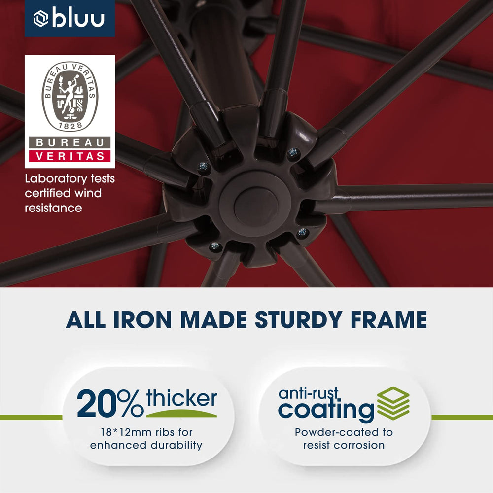 BLUU umbrella next to patio furniture demonstrating coverage and scale benefit