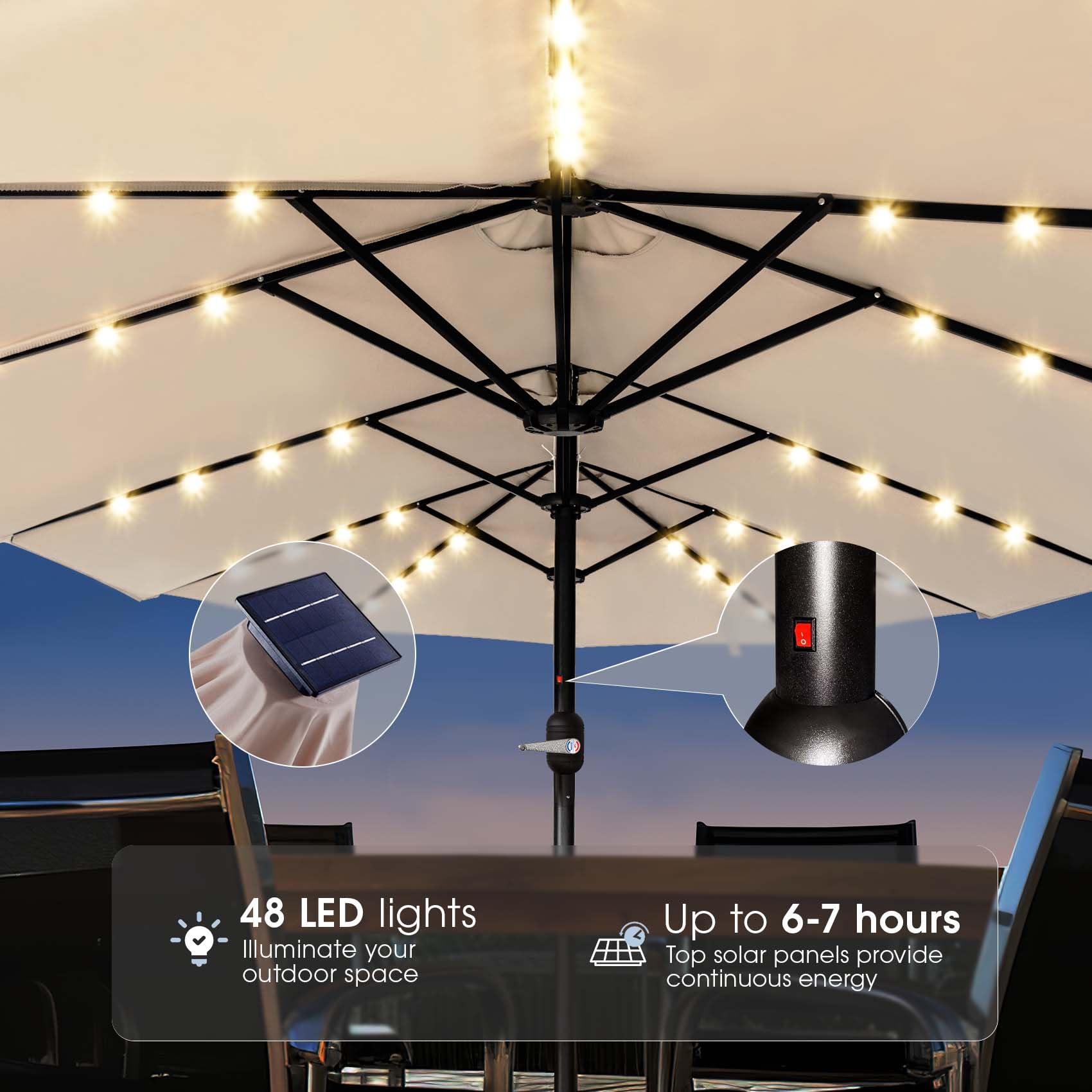 BLUU umbrella over patio dining illustrating large shaded seating comfort