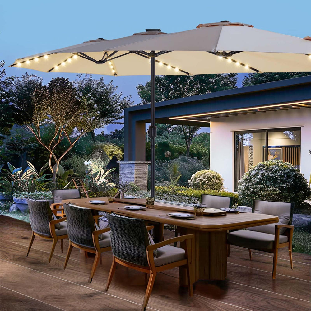 BLUU illuminated umbrella at night showing soft LED lighting ambiance