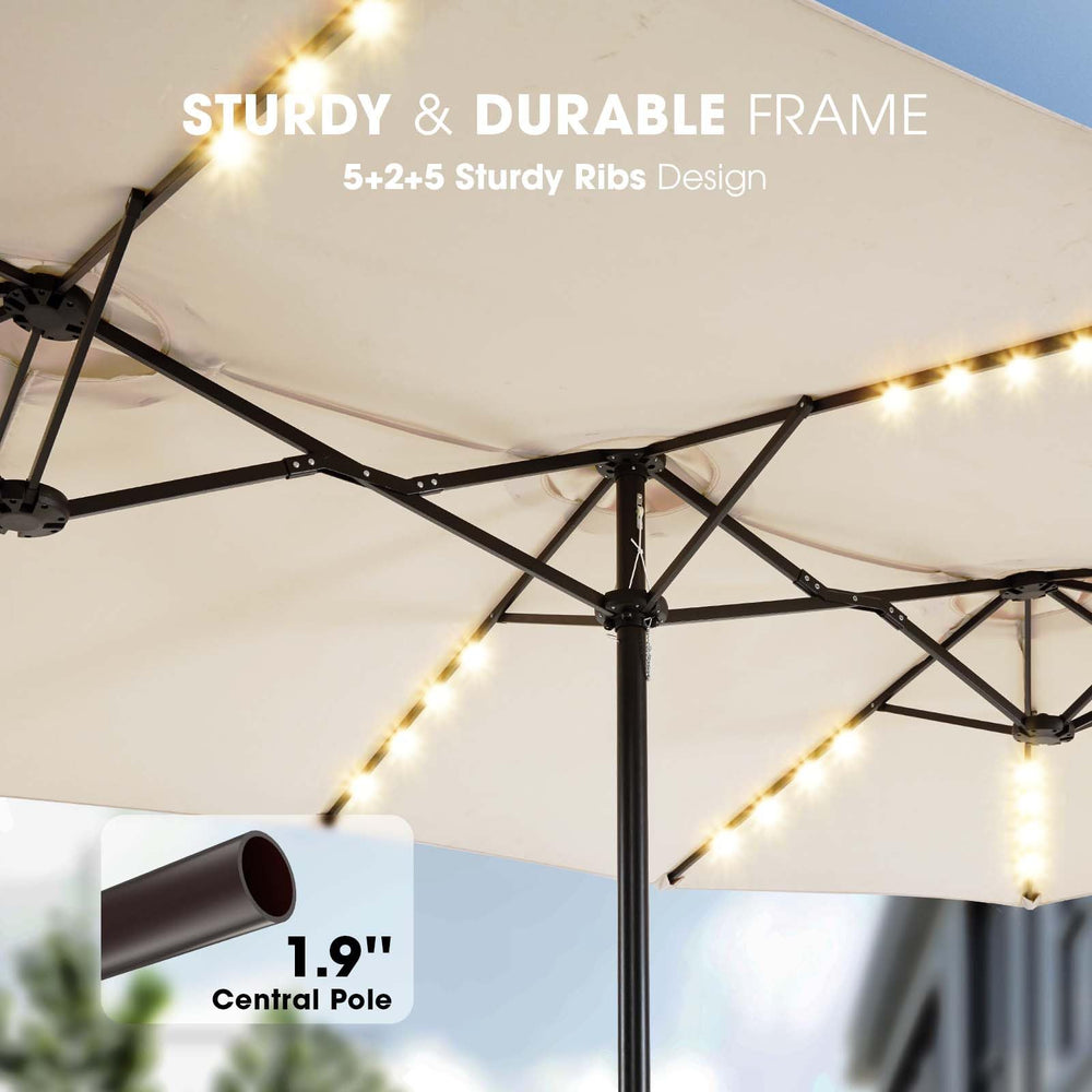 BLUU solar panel on umbrella top showing energy capture for lights