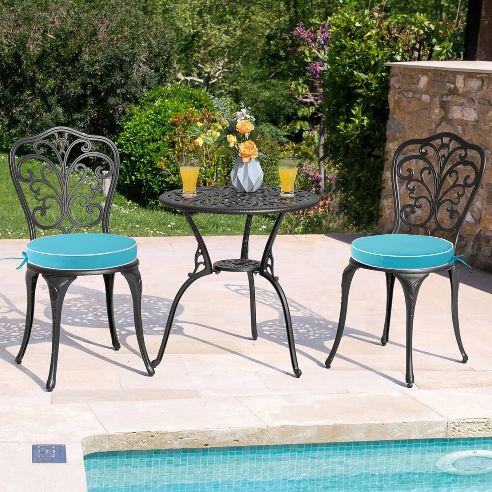 Blytieor cushion placed on outdoor patio chair demonstrating comfort in use