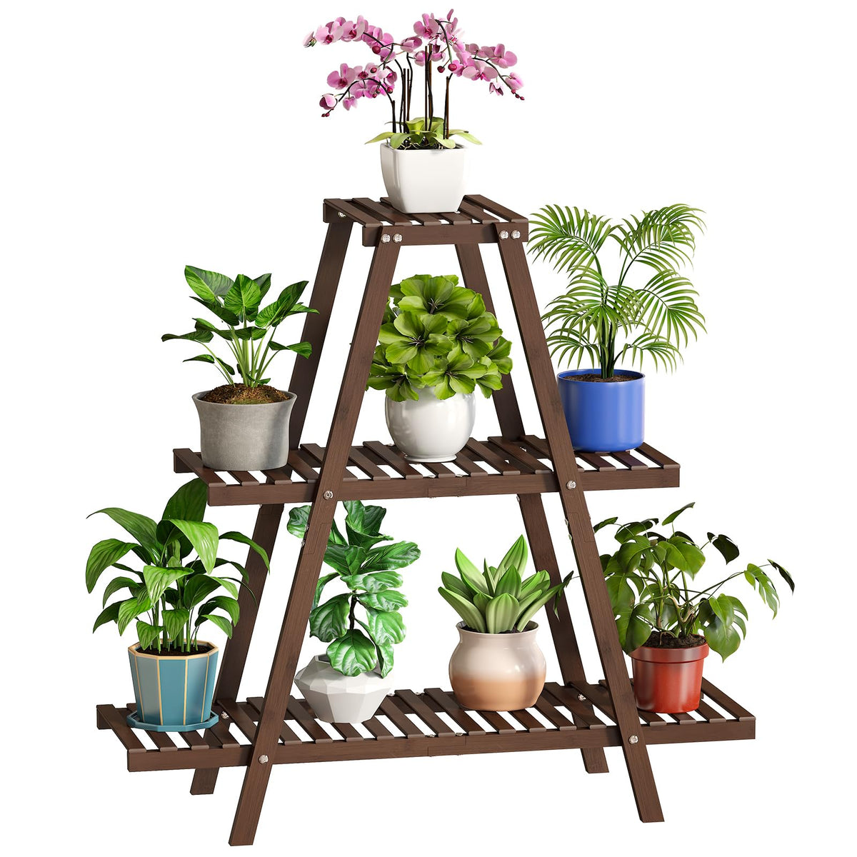 BMOSU front view of 3-tier bamboo stand showing neat plant display and space saving