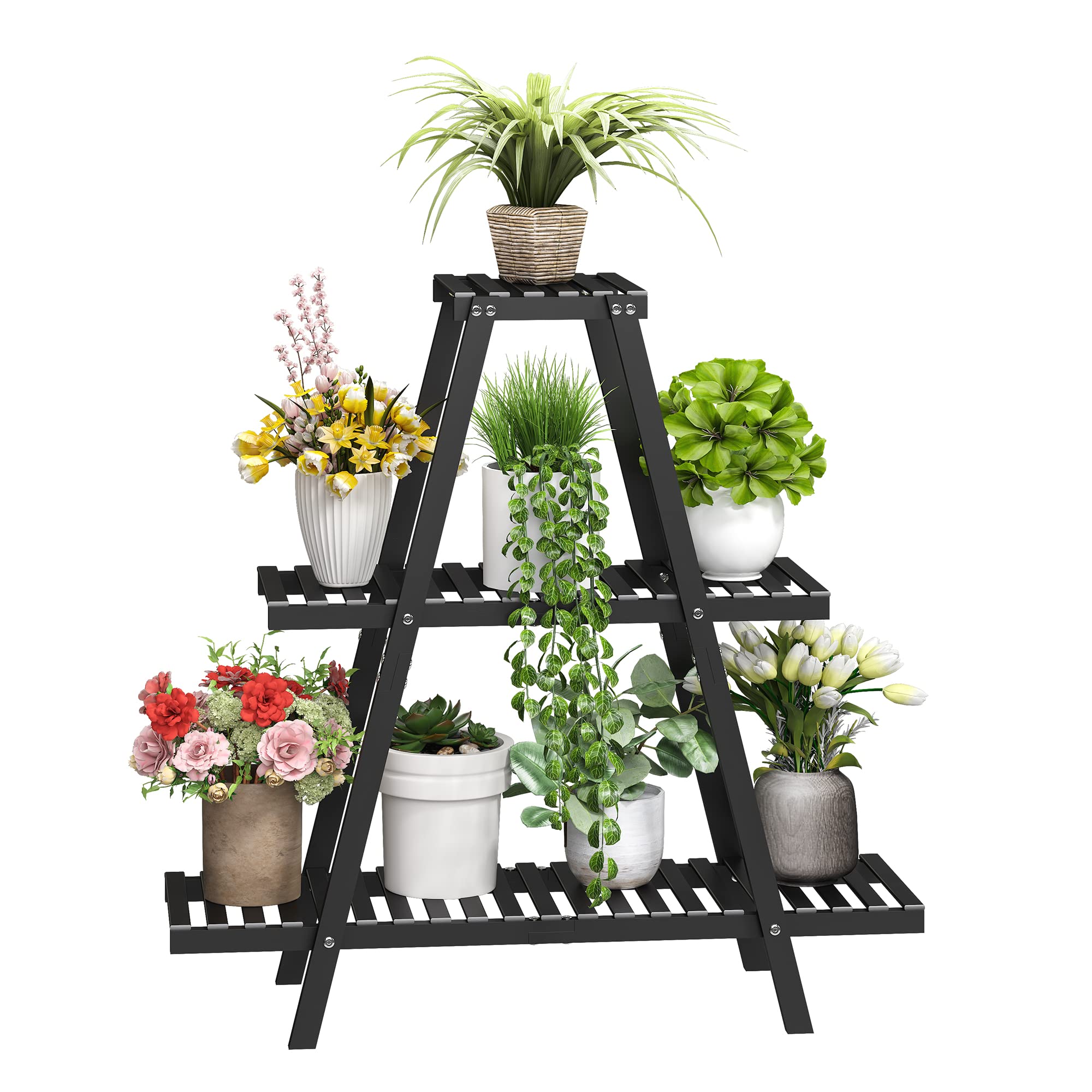 BMOSU front view of 3-tier bamboo plant stand showing sleek black frame and shelves