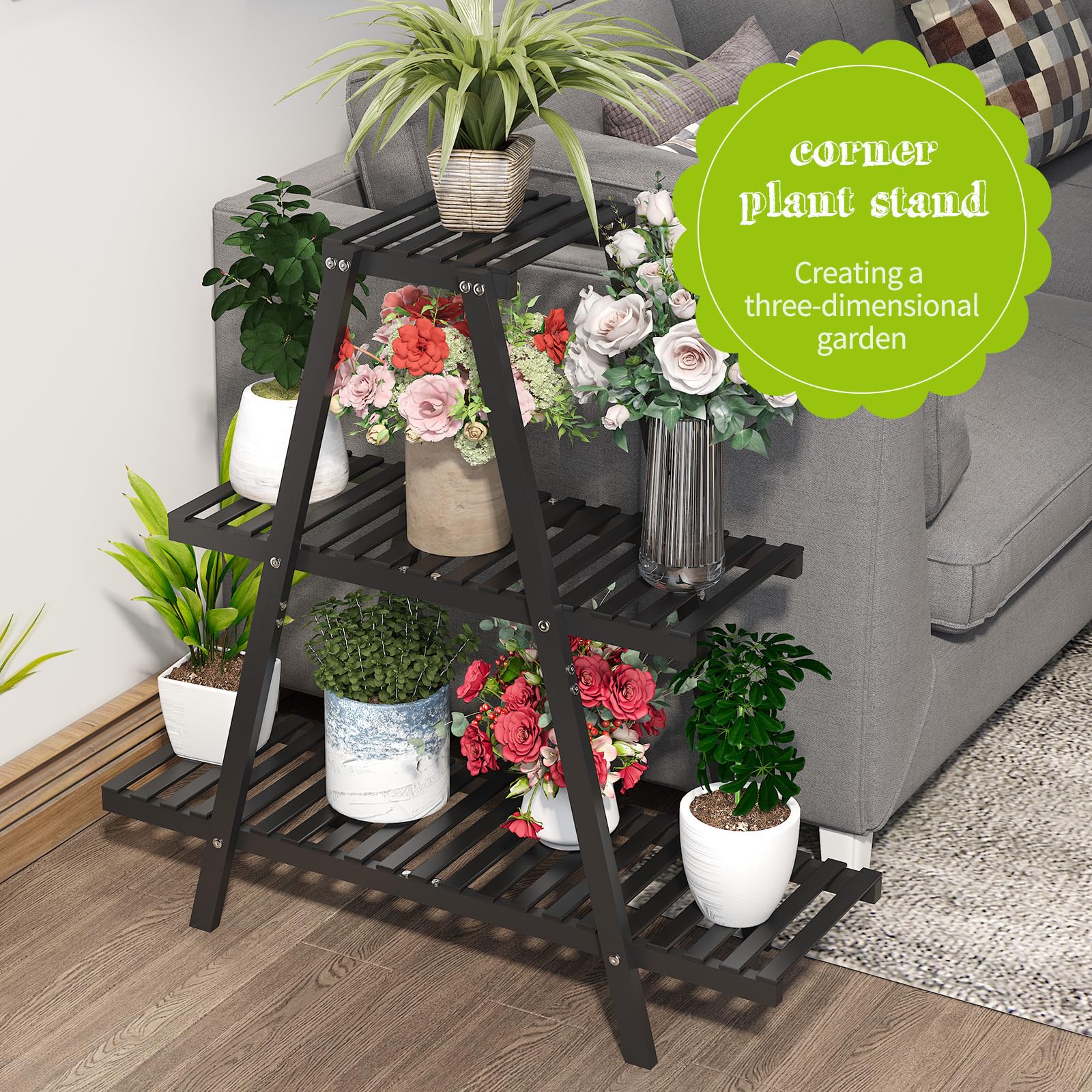 BMOSU plant stand styled in living room showcasing how it complements home decor