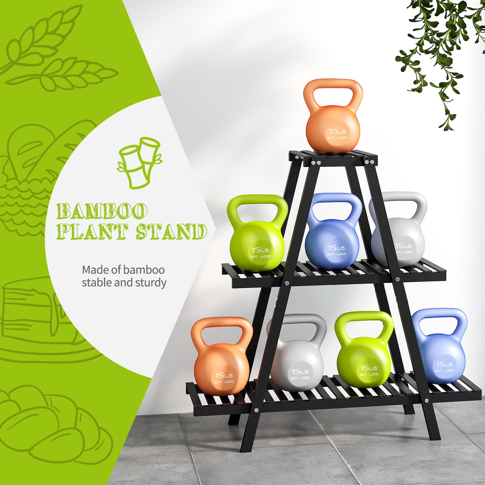 BMOSU plant stand next to standard pot for scale showing shelf depth and capacity