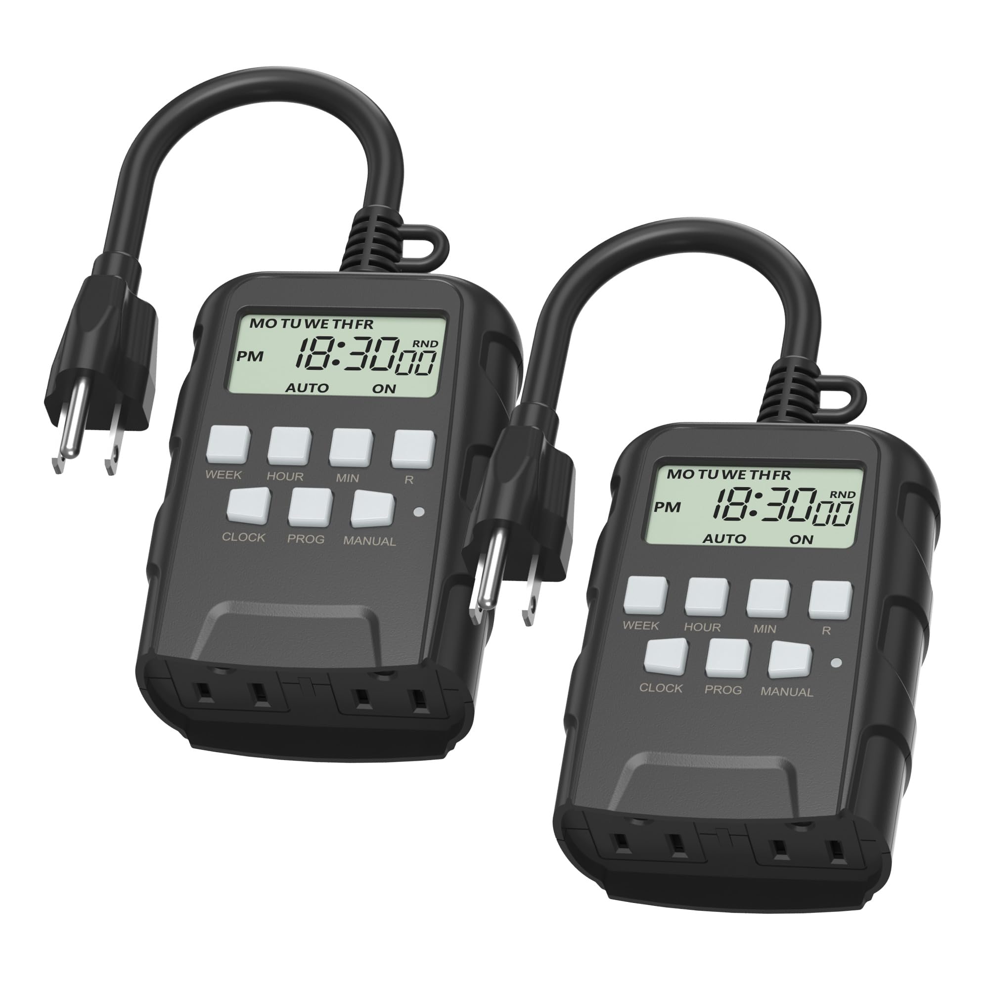 BN-LINK front view showing dual grounded outlets and display, easy scheduling benefit