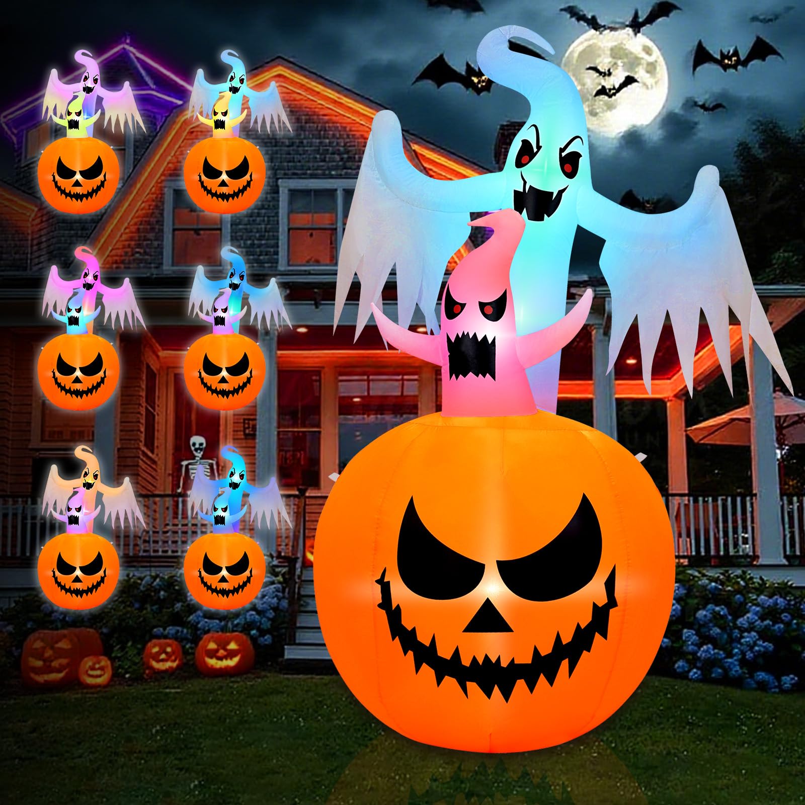 B&D front view of 6FT pumpkin ghost inflatable shows festive curb appeal