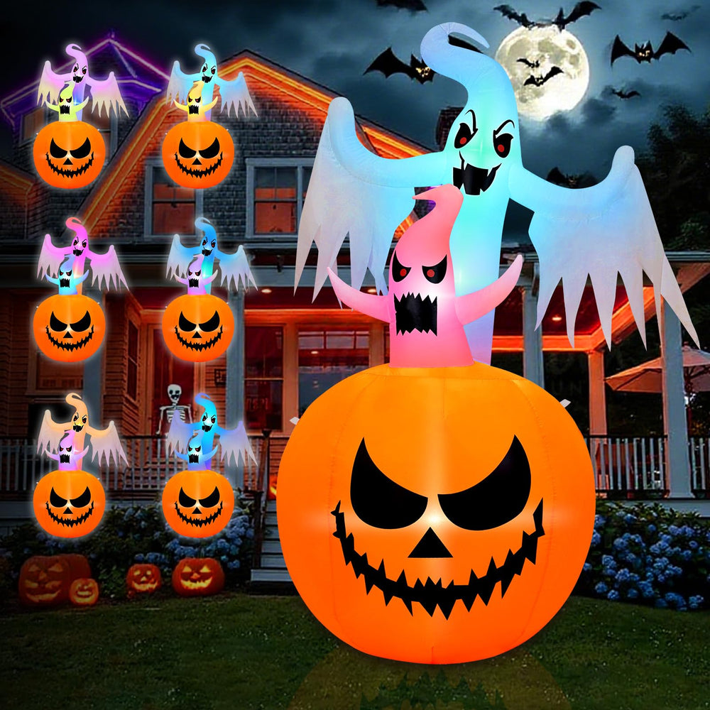 B&D front view of 6FT pumpkin ghost inflatable shows festive curb appeal