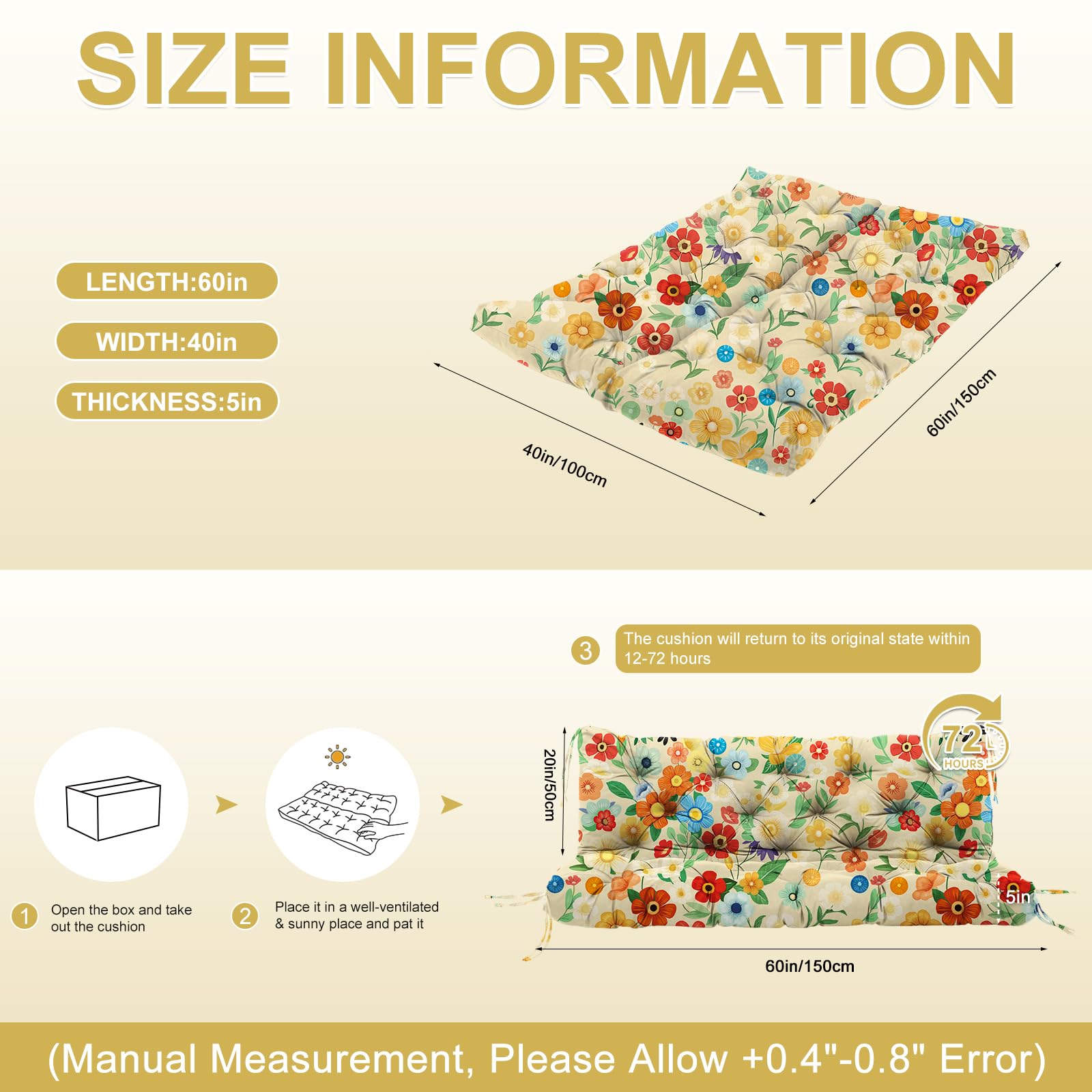 Boaisdus cushion on bench with ruler showing fit and proper scale for 60 inch seats