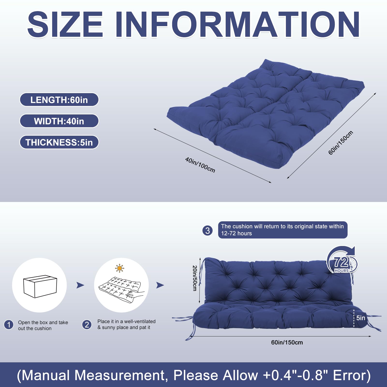 Boaisdus cushion next to a chair illustrating 60-inch scale for correct sizing