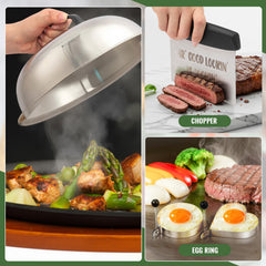 Boao cast iron grill press detail with wooden handle for even searing