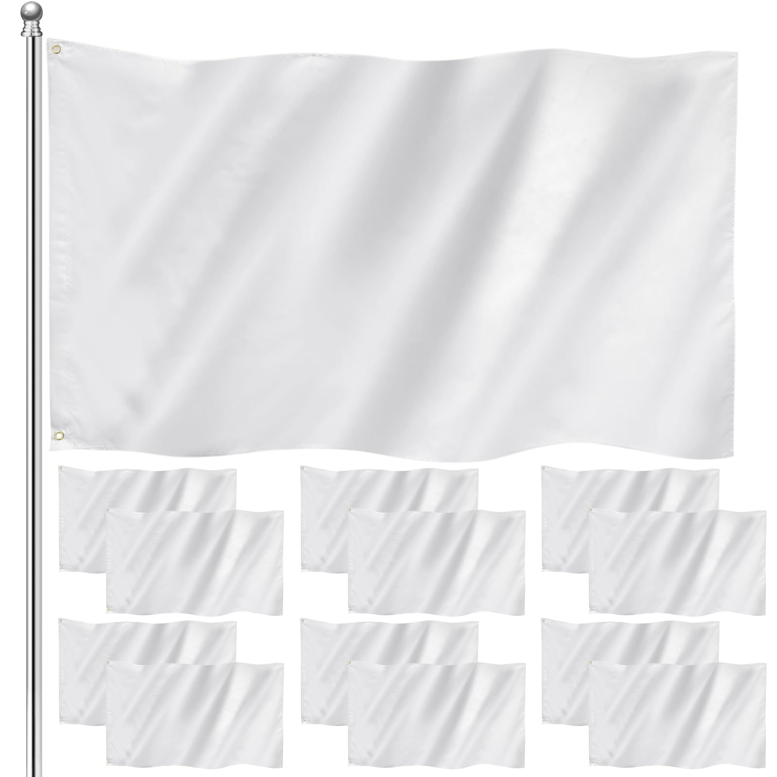 Boao front view of 12 plain white flags showing full pack and clean edges for versatile decoration