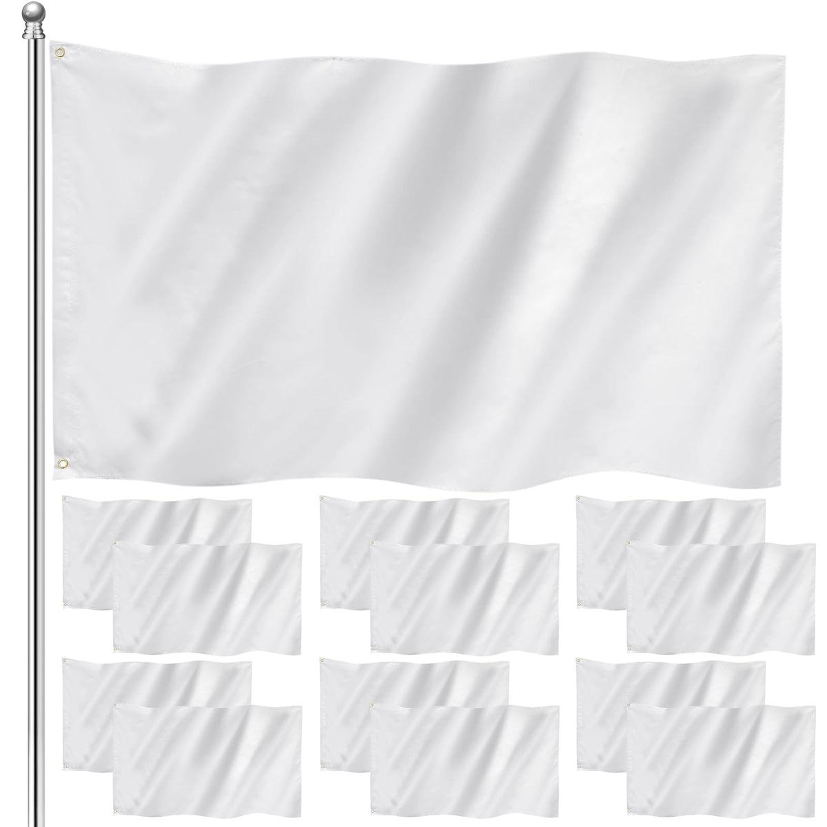 Boao front view of 12 plain white flags showing full pack and clean edges for versatile decoration