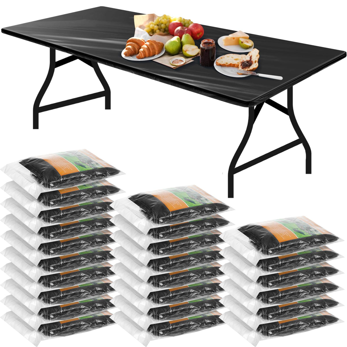 Boao front view of 24-pack black tablecloths showing bulk value and neat packaging benefit