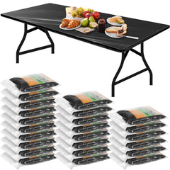 Boao front view of 24-pack black tablecloths showing bulk value and neat packaging benefit