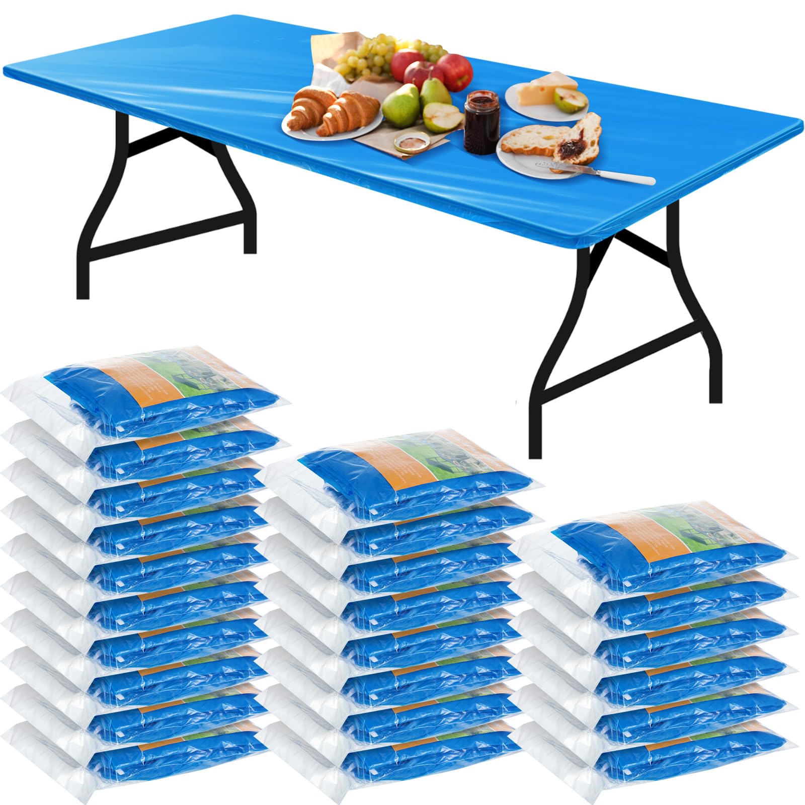 Boao front packaging showing 24 blue fitted tablecloths, fast setup benefit